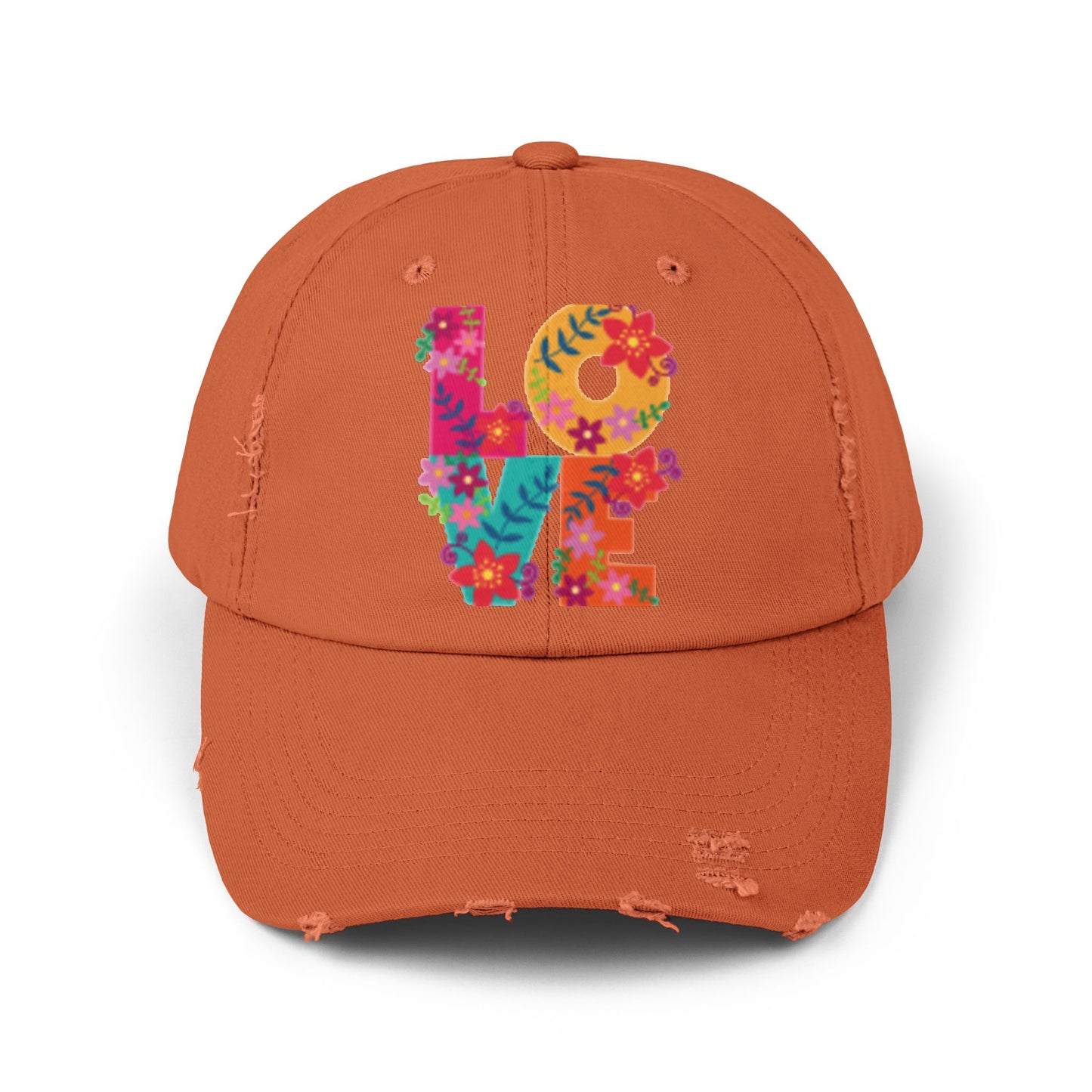 Floral Love Unisex Distressed Cap - Trendy Adjustable Hat for Casual Style