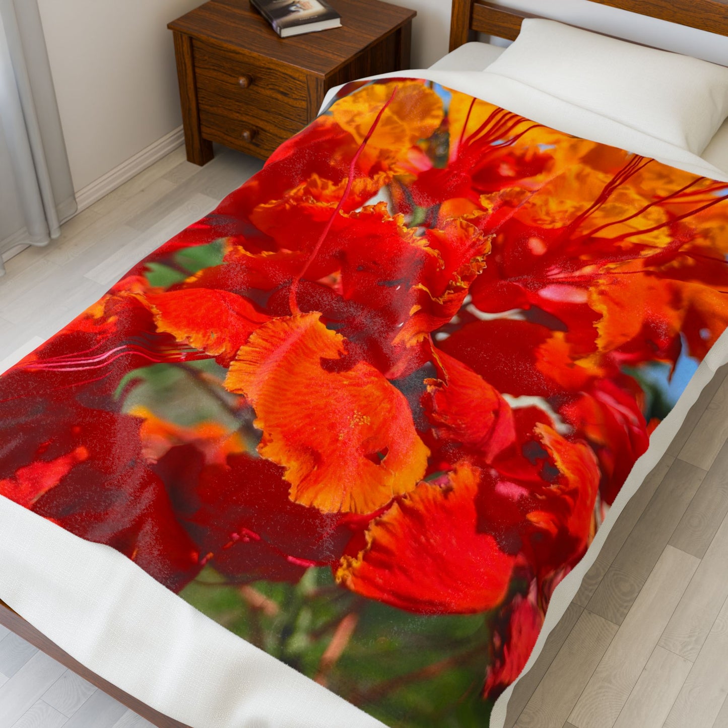 Velveteen Plush Blanket 50"x60" Vibrant Orange Flowers