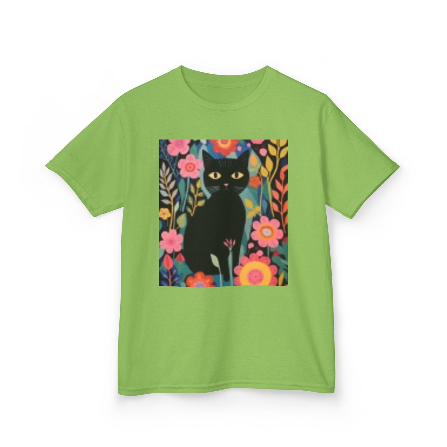 Black Cat Floral Kids Heavy Cotton Tee - Fun & Colorful Design