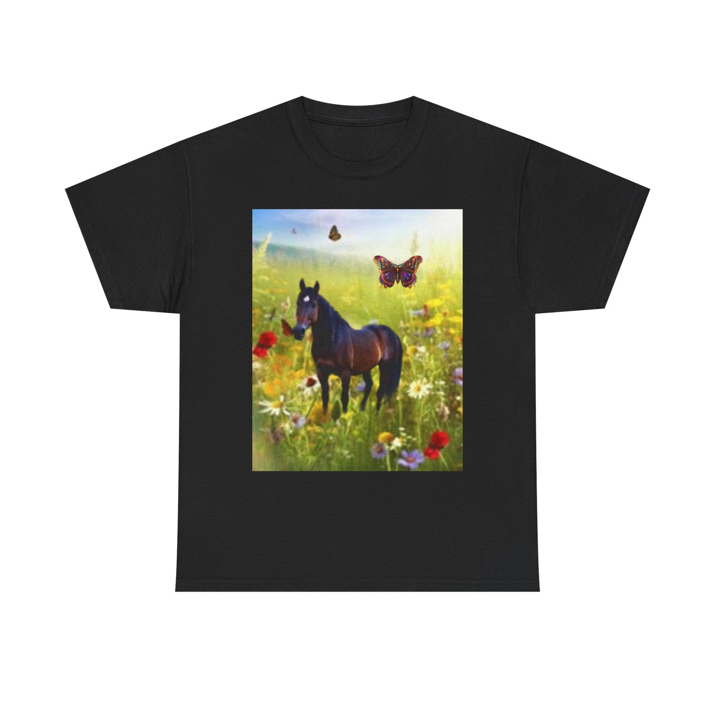 Camiseta unisex de algodón grueso inspirada en la naturaleza con diseño de caballo y mariposa 