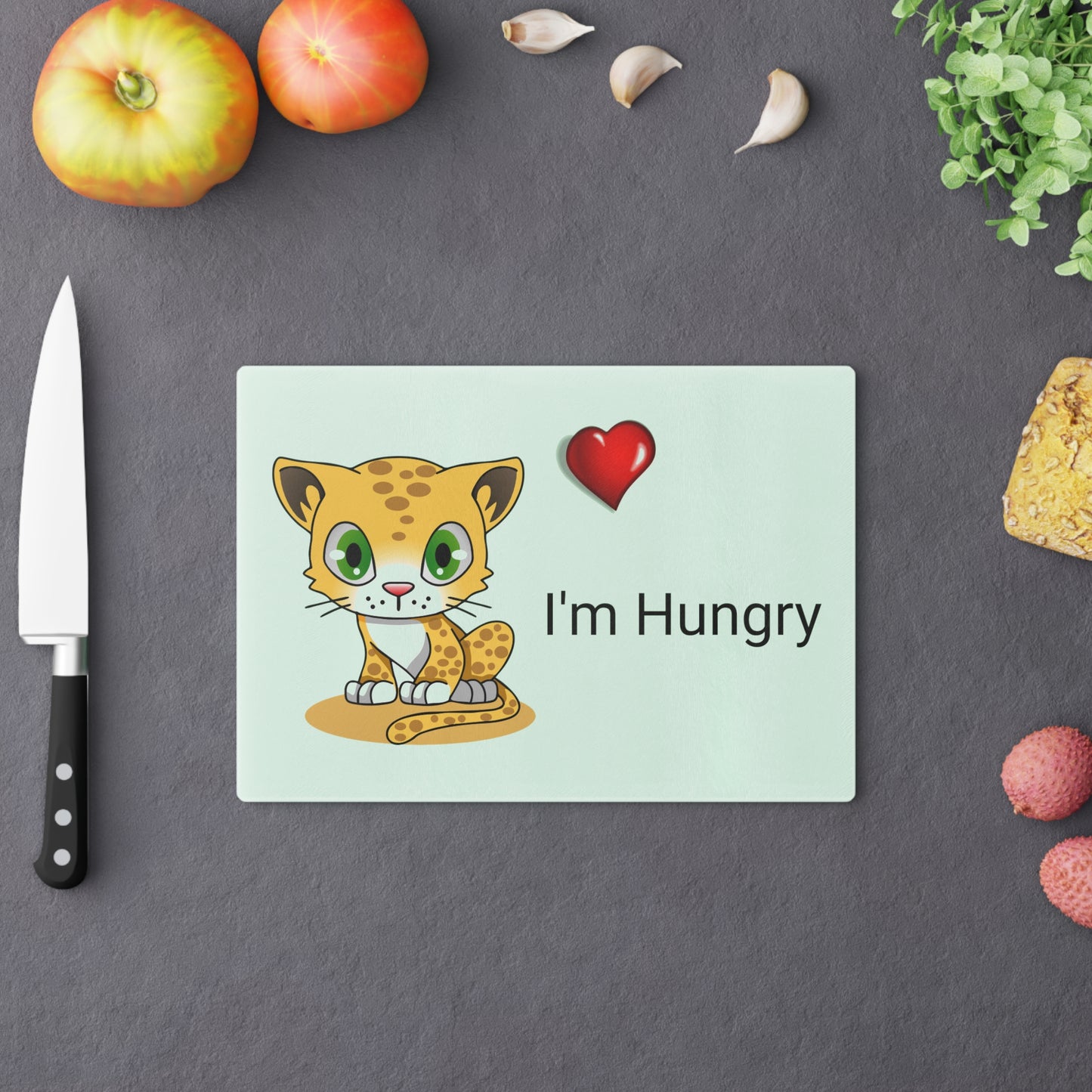 Planche à découper en verre trempé avec motif tigre et cœur