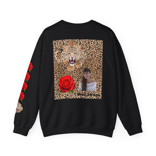 Vibrant Leopard and Rose Unisex Crewneck Sweatshirt - Perfect for Casual Outings