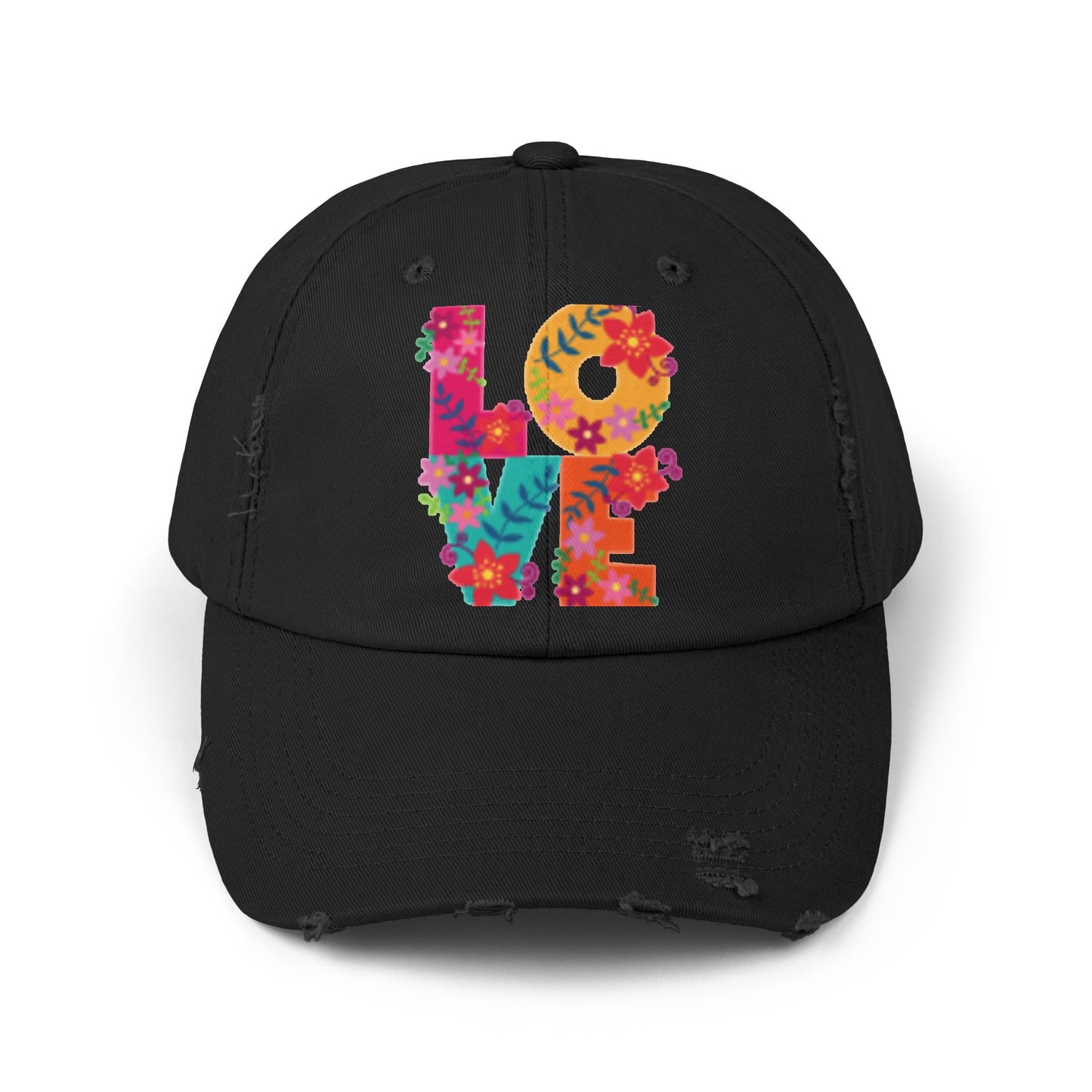 Floral Love Unisex Distressed Cap - Trendy Adjustable Hat for Casual Style