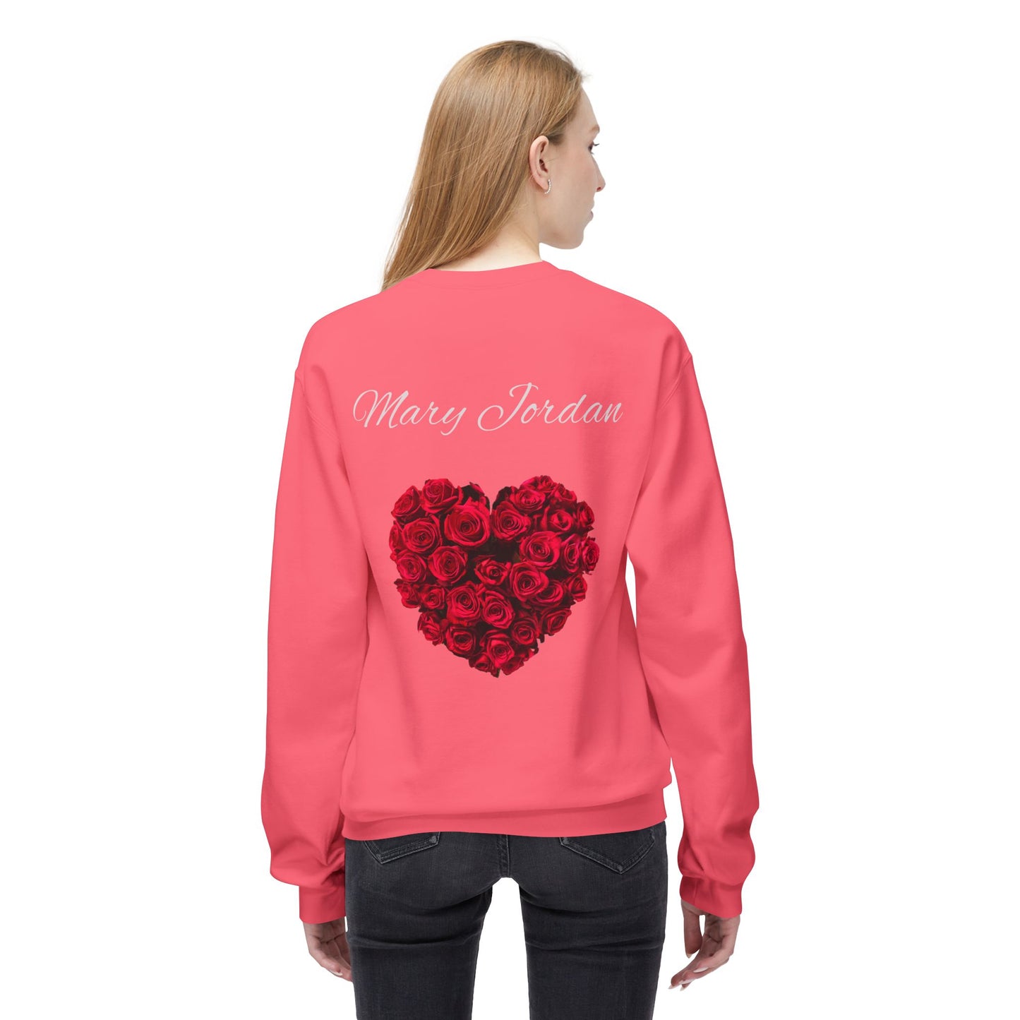Mary Jordan with Pink Flower Heart Roses Sweatshirt | Unisex Fleece Crewneck | Perfect Gift for Birthdays, Holidays, Couples, Family, Friends