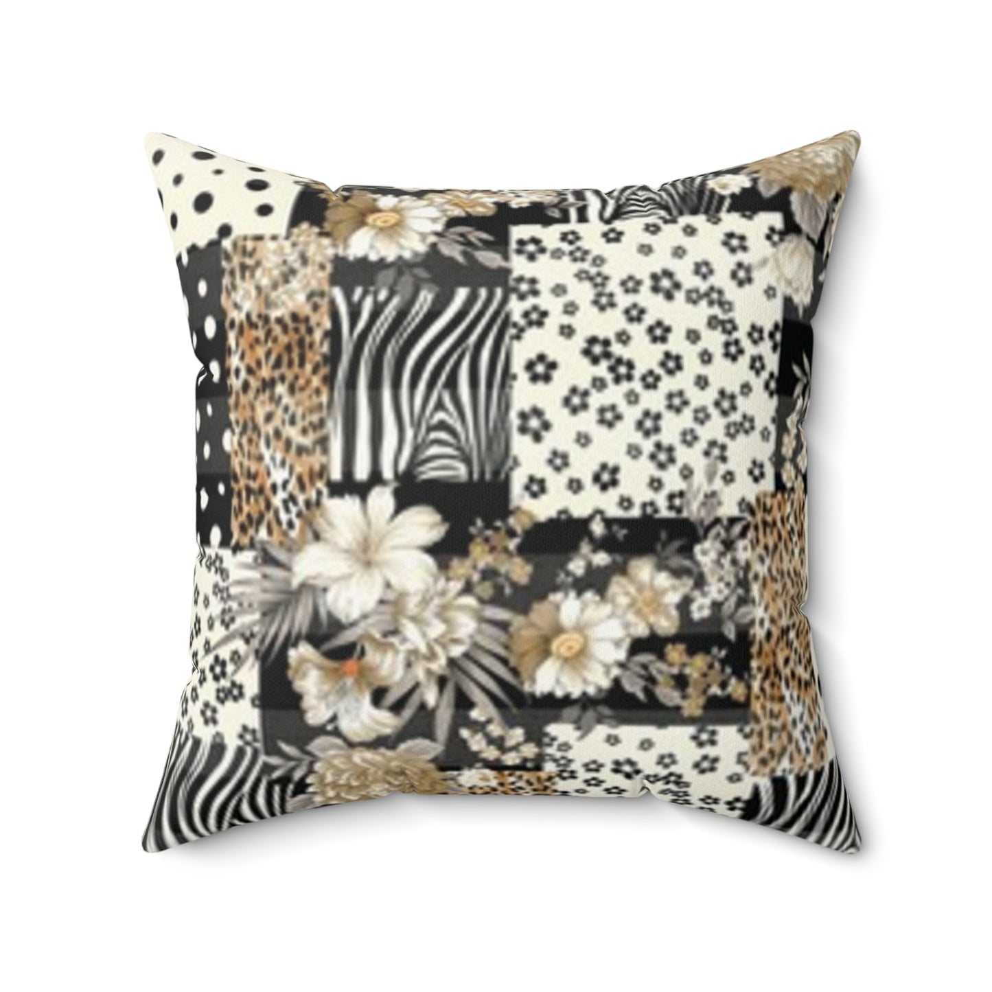 Coussin carré en imitation daim style bohème chic - Imprimé floral et animal