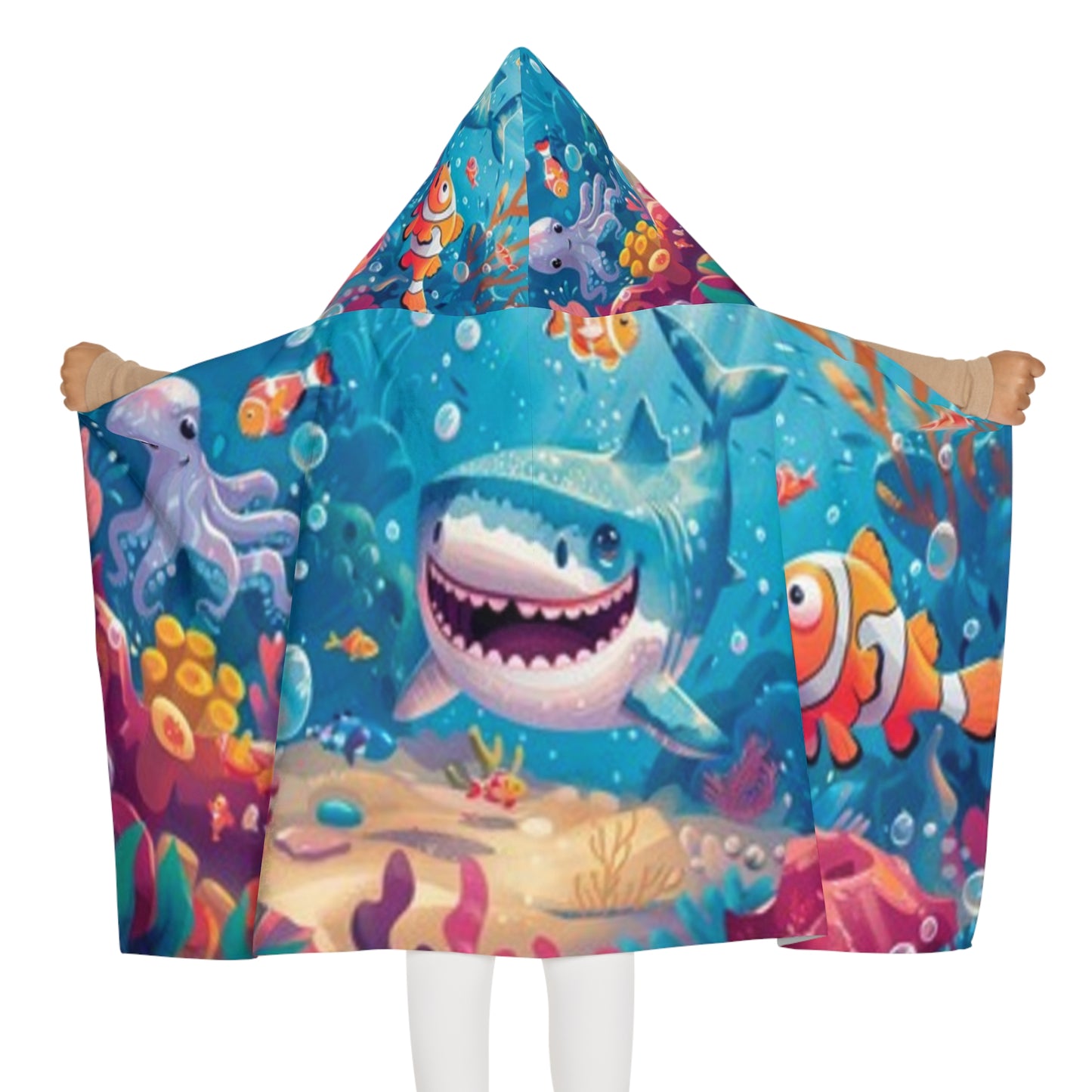 Serviette à capuche pour jeunes aventures sous-marines - Motif amusant requin et pieuvre 