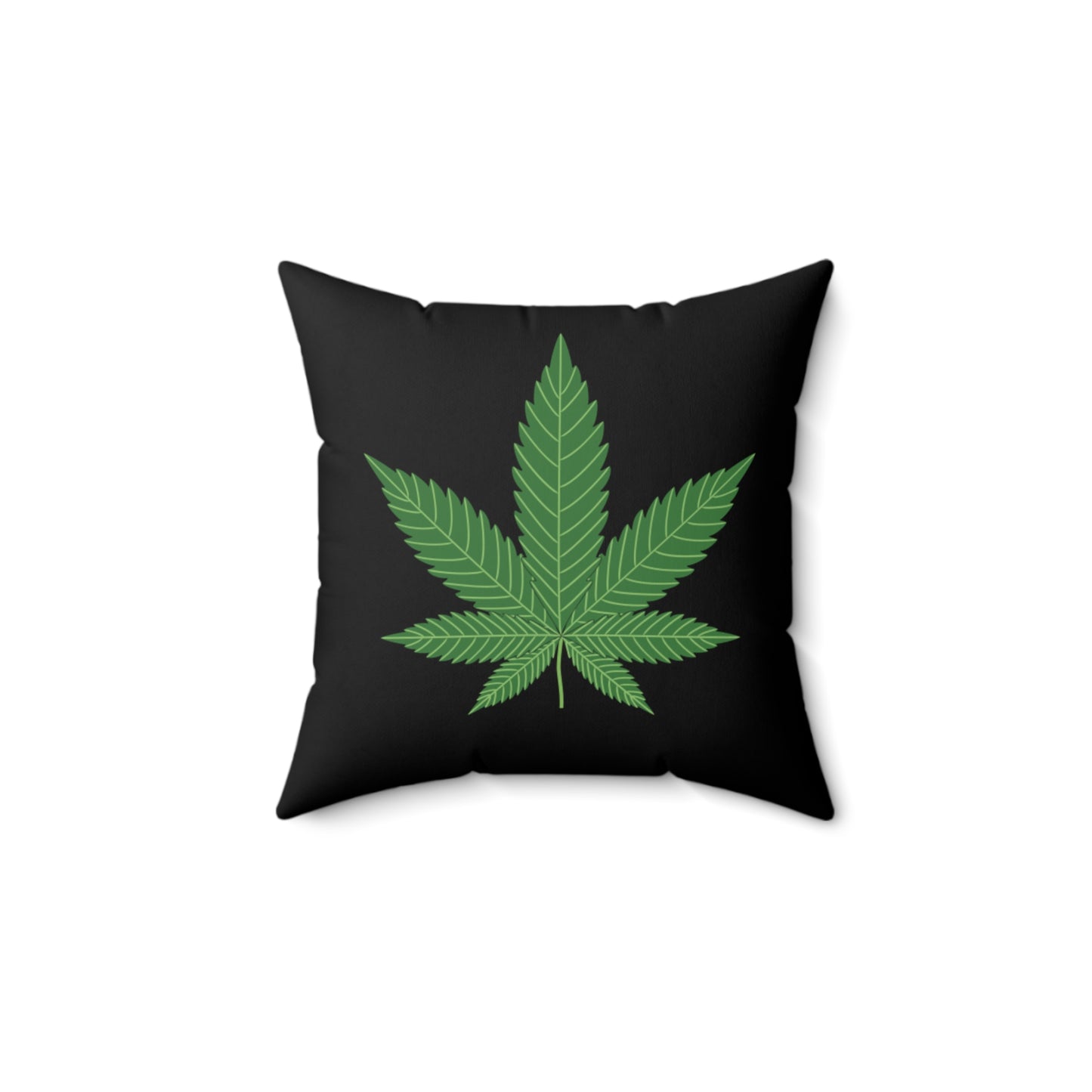 Cojín cuadrado de 14" x 14" con hojas de marihuana verde y fondo negro