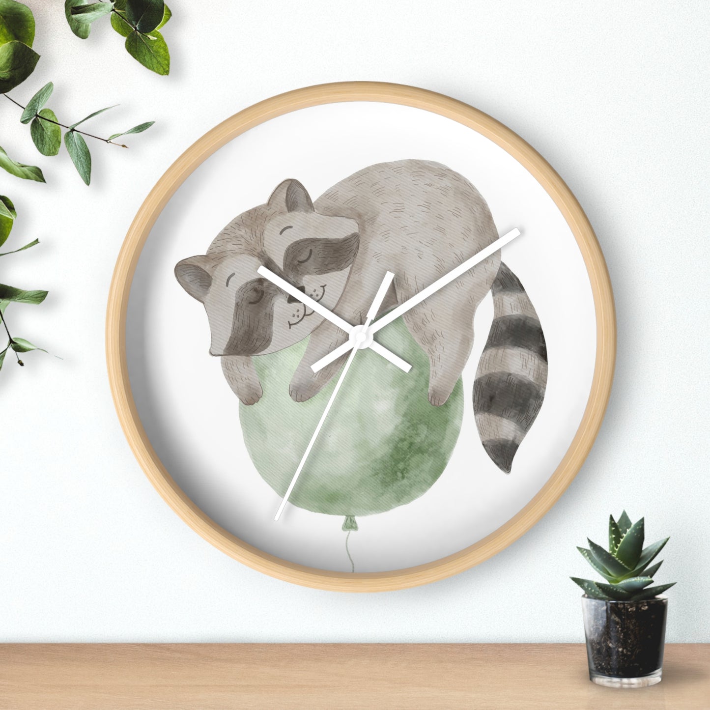 Wall Clock Raccoon on Green Balloon