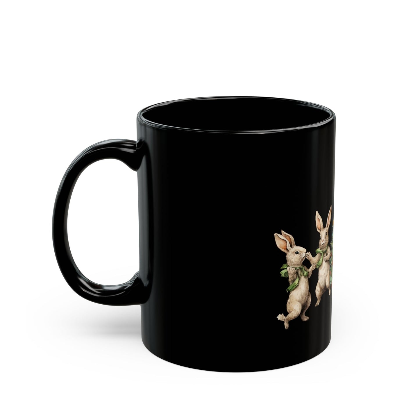 Taza negra de 11 oz con diseño de conejos y árbol de Navidad