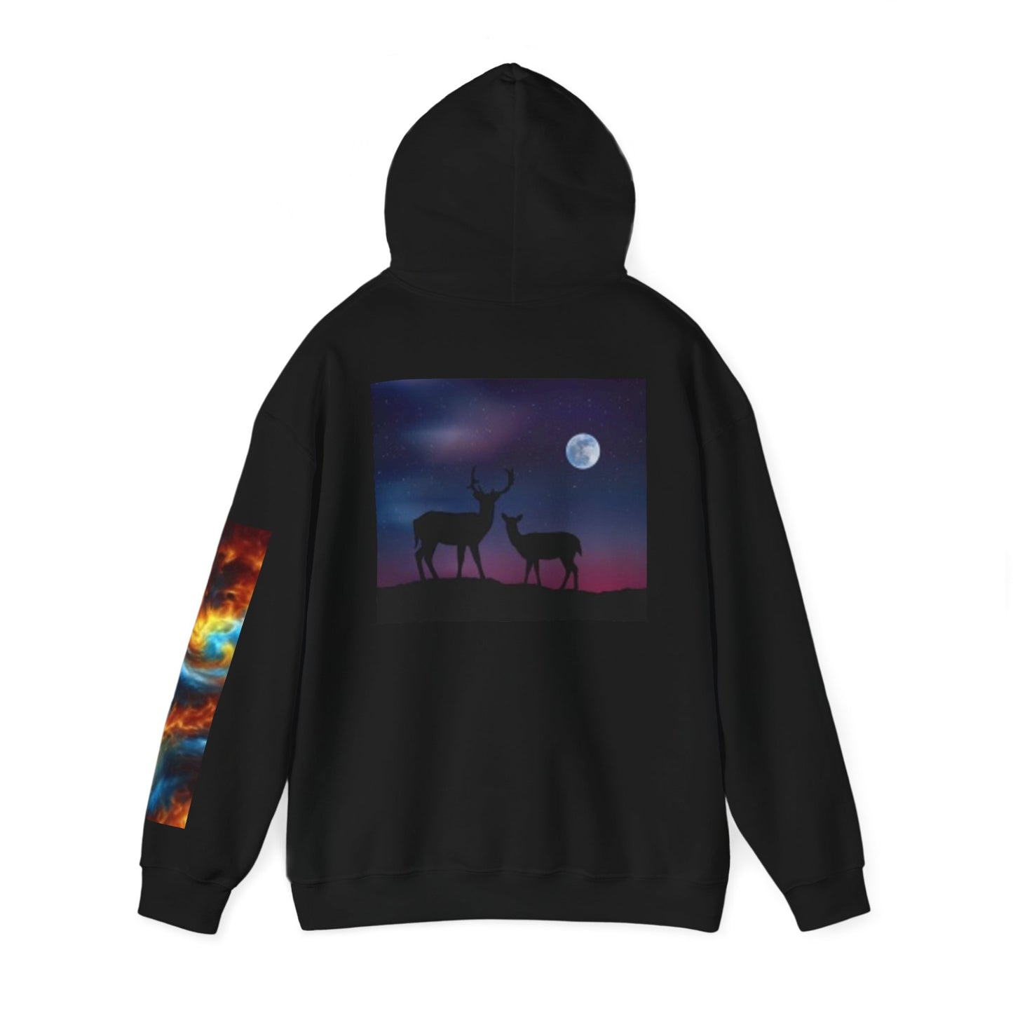Sudadera con capucha vibrante con temática natural: patrones cósmicos y siluetas de vida silvestre 