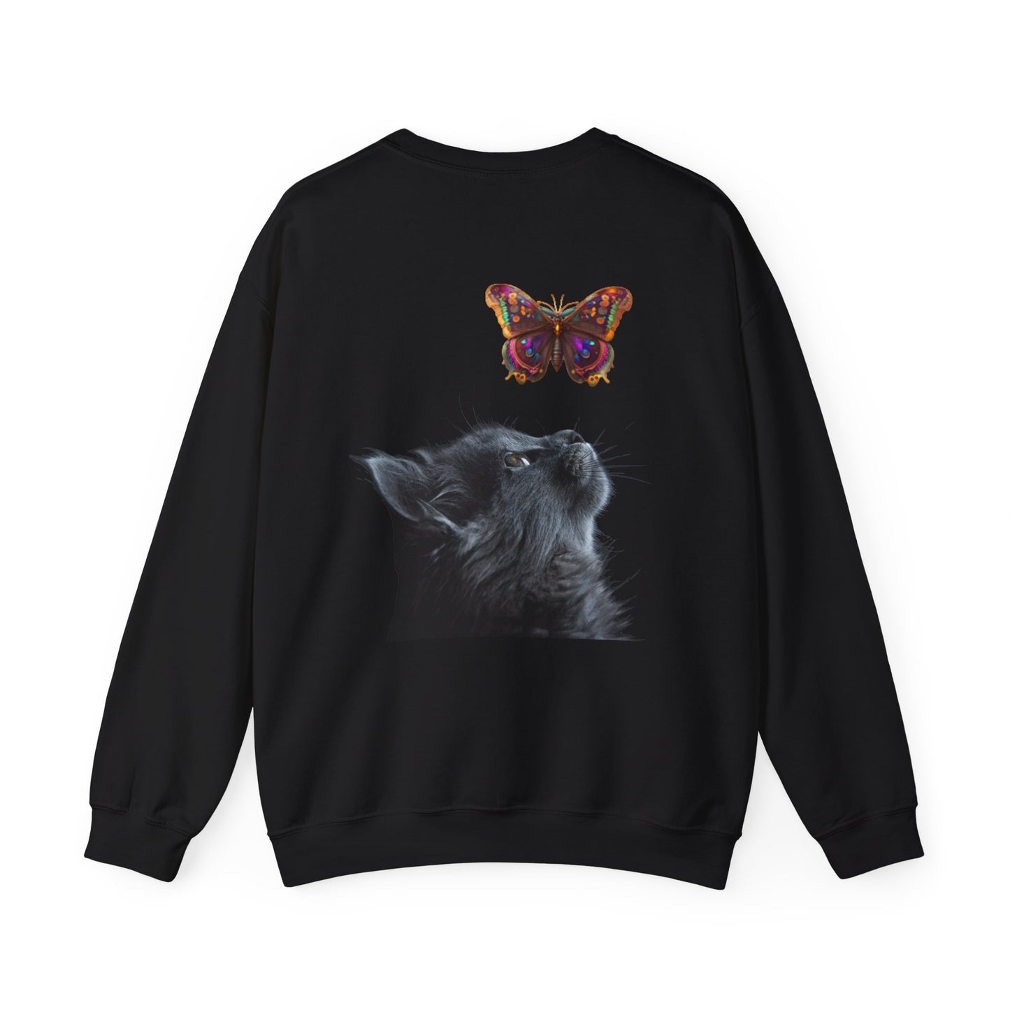 Sudadera unisex de cuello redondo con diseño de gato y mariposa: un regalo acogedor y artístico para los amantes de los gatos.