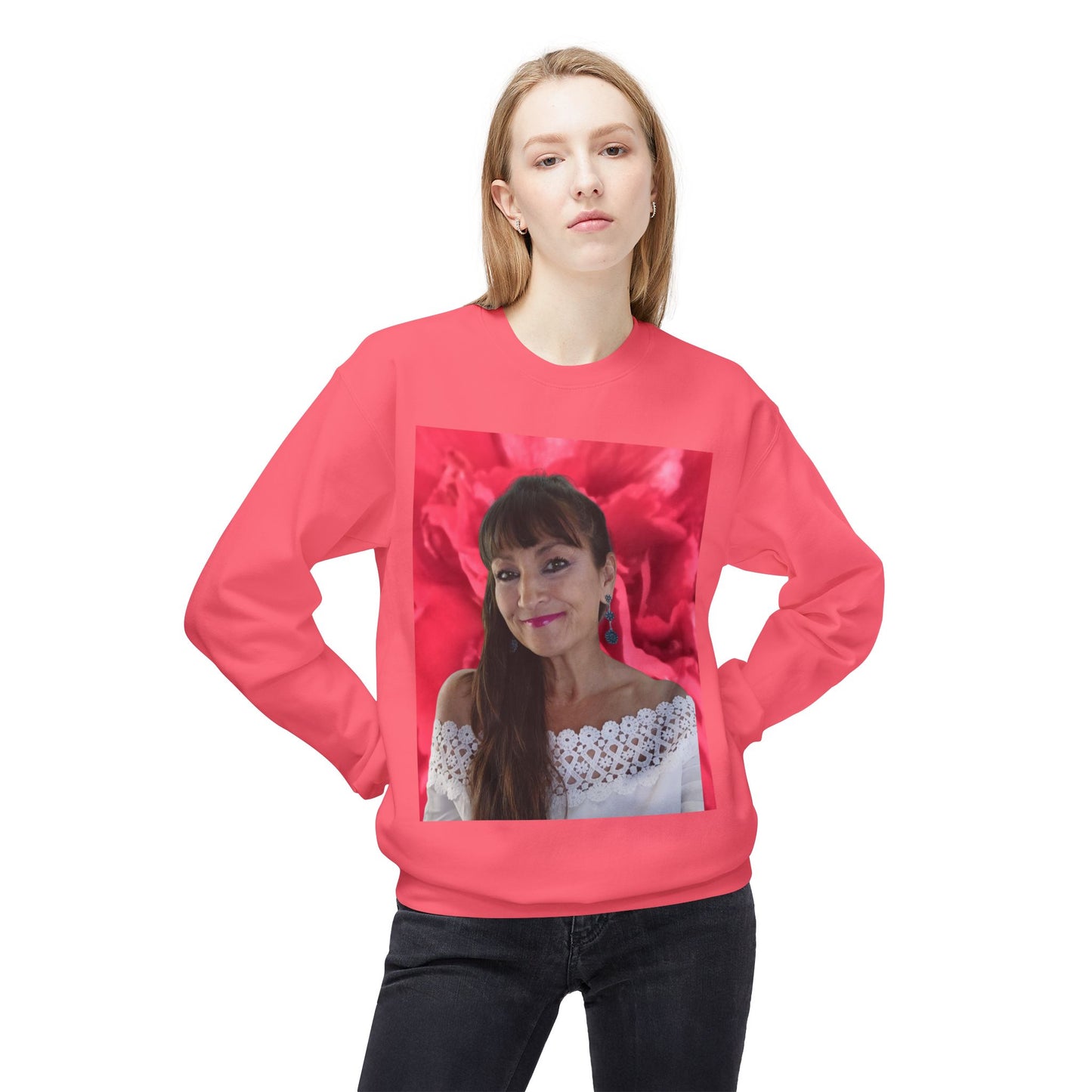 Mary Jordan with Pink Flower Heart Roses Sweatshirt | Unisex Fleece Crewneck | Perfect Gift for Birthdays, Holidays, Couples, Family, Friends