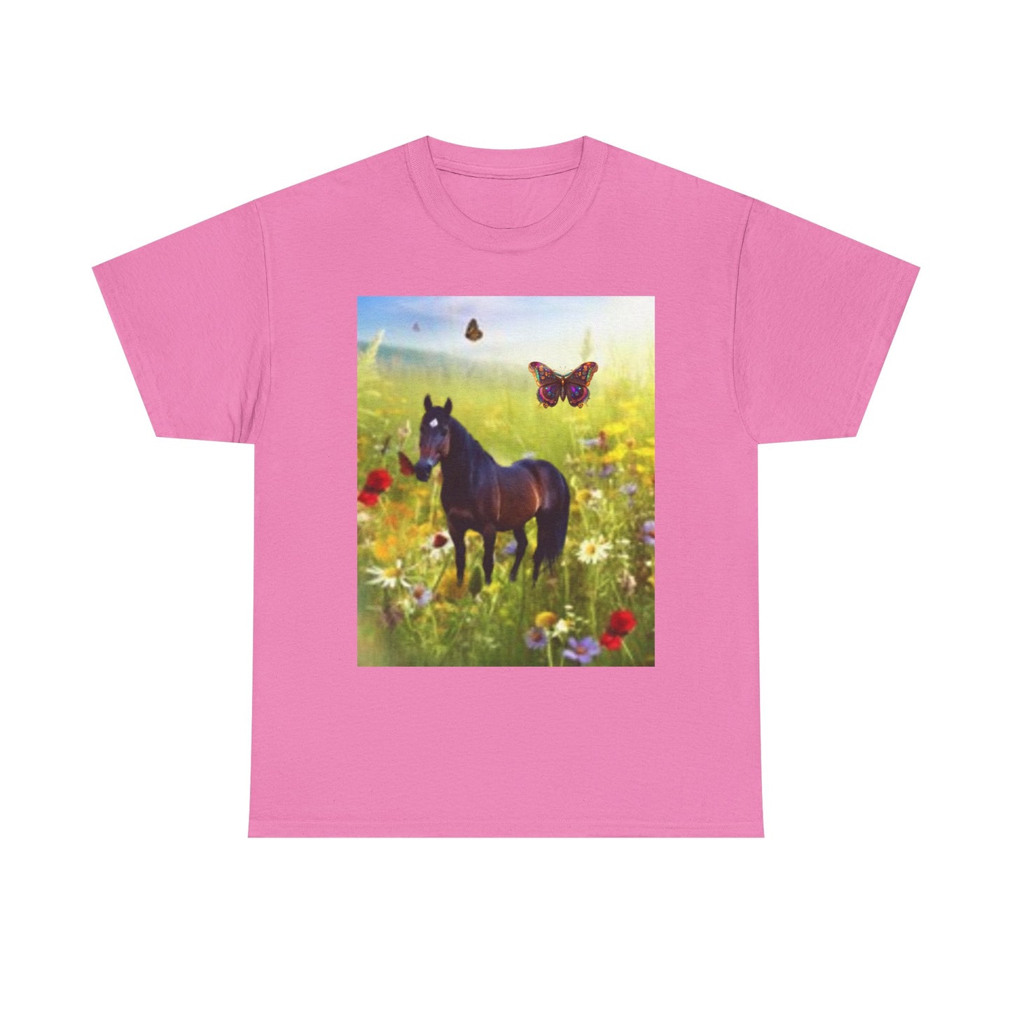 Camiseta unisex de algodón grueso inspirada en la naturaleza con diseño de caballo y mariposa 