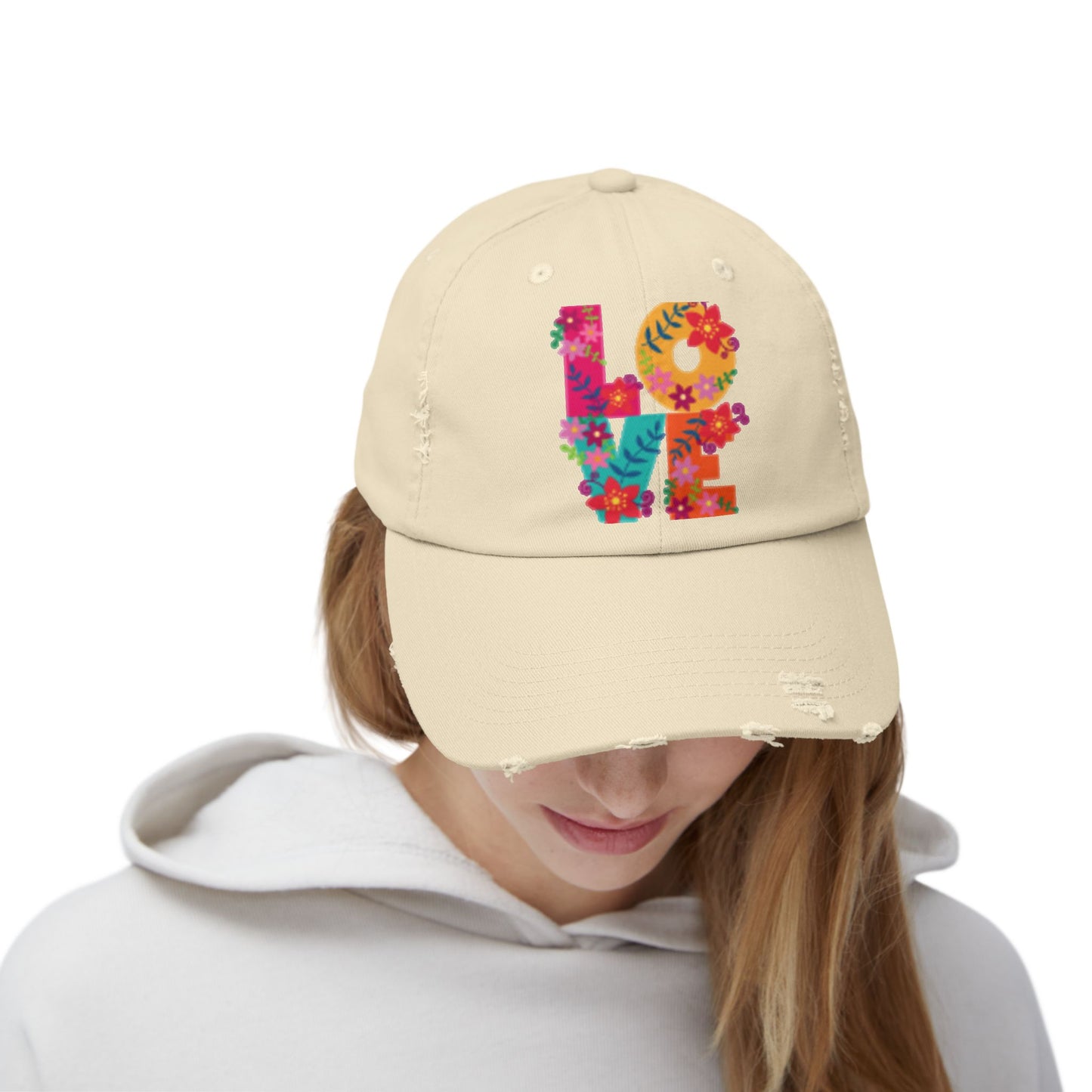 Floral Love Unisex Distressed Cap - Trendy Adjustable Hat for Casual Style