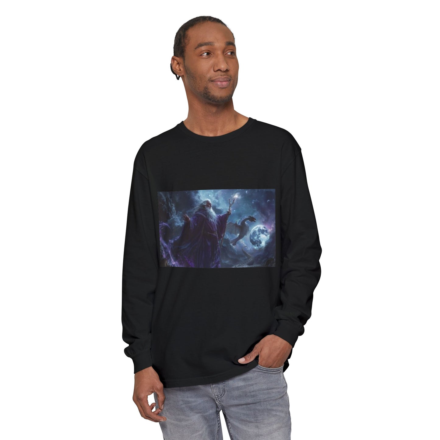 T-shirt mystique à manches longues | Motif magicien céleste et phénix 