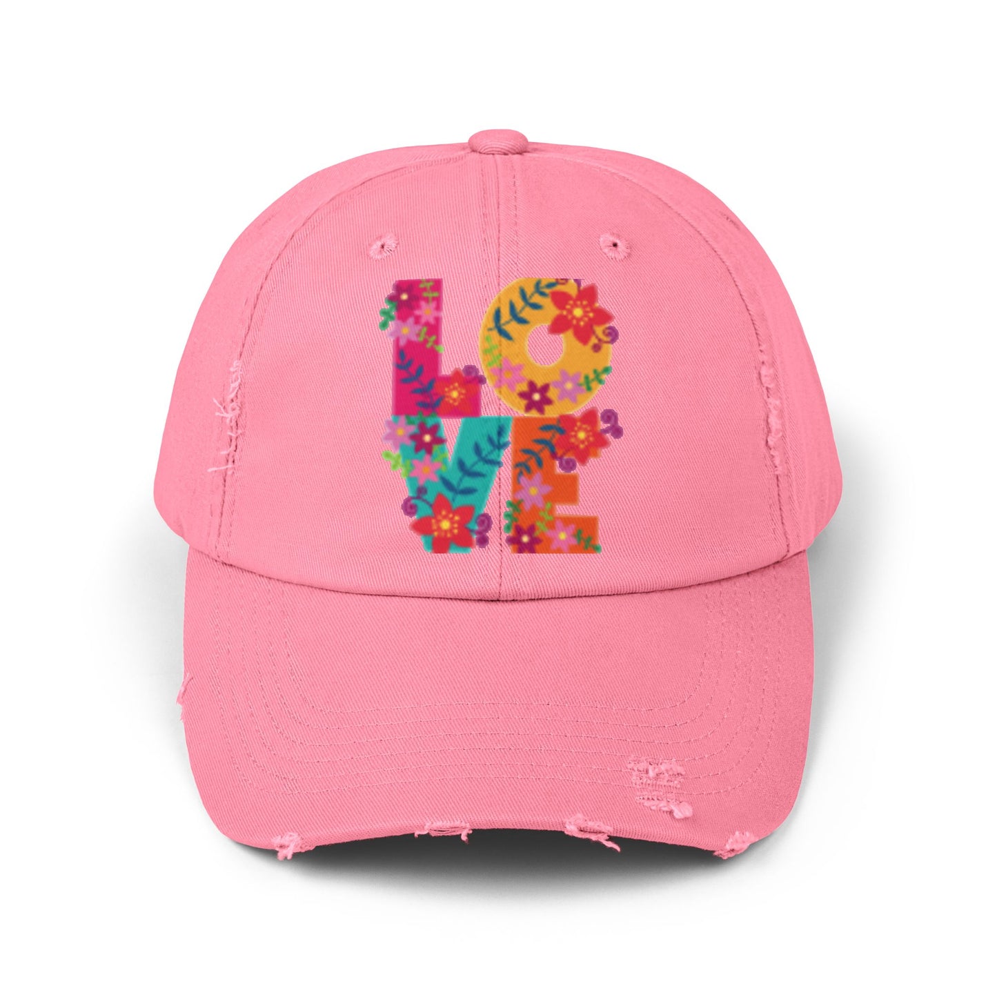 Floral Love Unisex Distressed Cap - Trendy Adjustable Hat for Casual Style