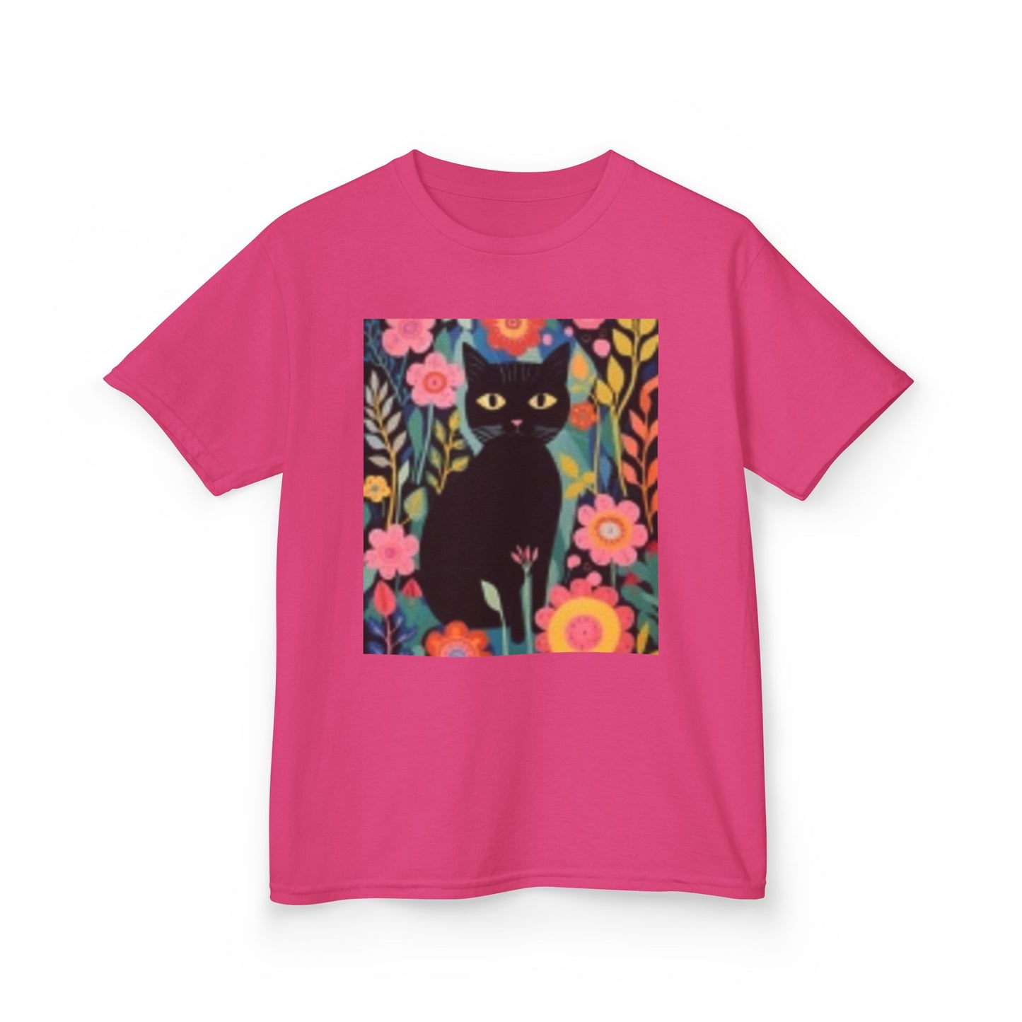 Black Cat Floral Kids Heavy Cotton Tee - Fun & Colorful Design