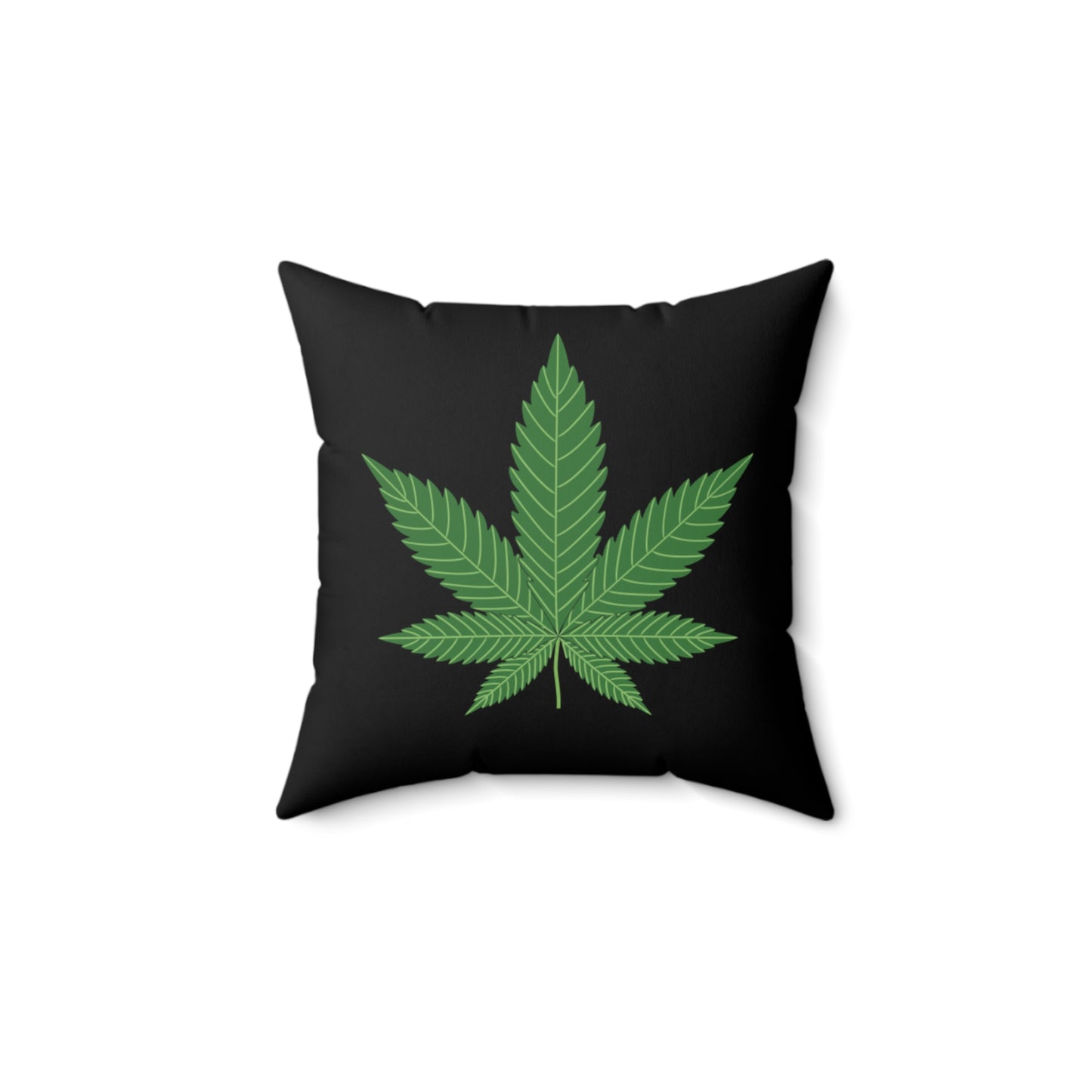 Cojín cuadrado de 14" x 14" con hojas de marihuana verde y fondo negro