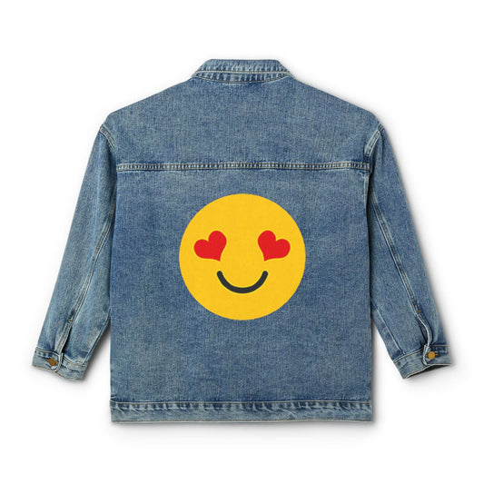 Trendy Women's Denim Jacket with Happy Face Heart Eyes Emoji, Casual Fall Fashion, Birthday Gift, Everyday Style, Cute Layering Jacket