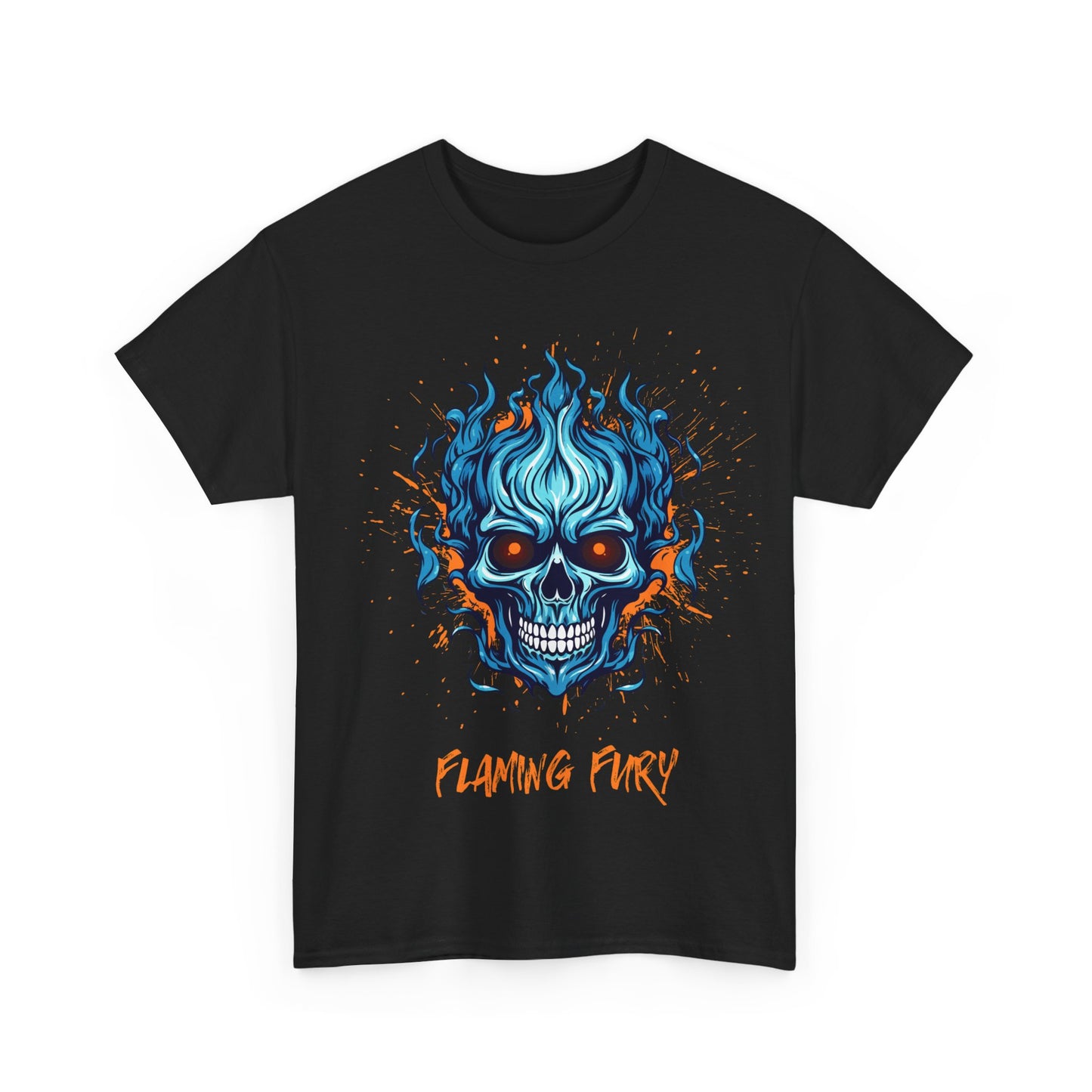 Flaming Fury Skull Tee - Unisex Heavy Cotton T-Shirt, Halloween Gift, Rocking Band Merch, Graphic Tee, Casual Wear, Unique Statement Top