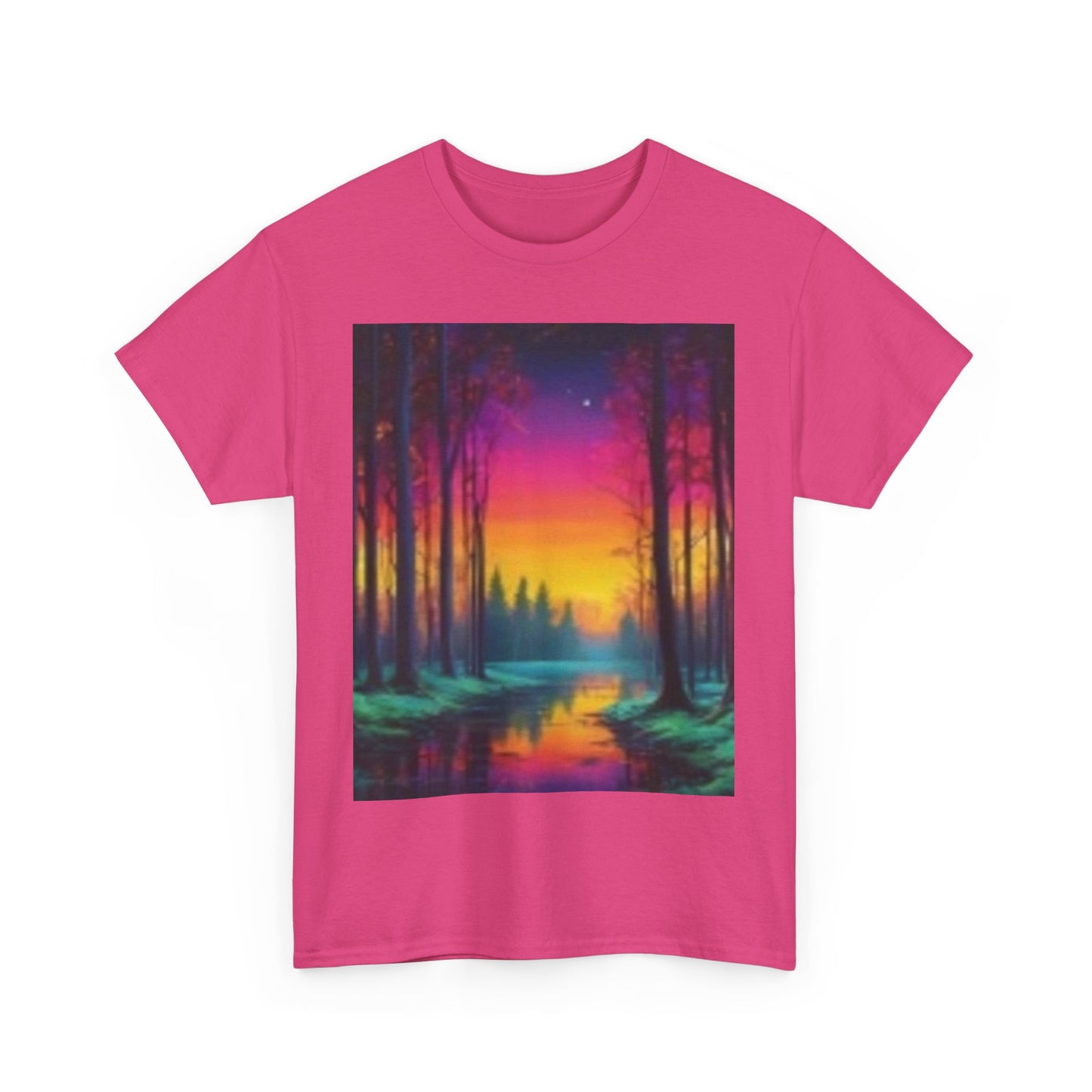 Camiseta unisex de algodón grueso con paisaje de atardecer vibrante 