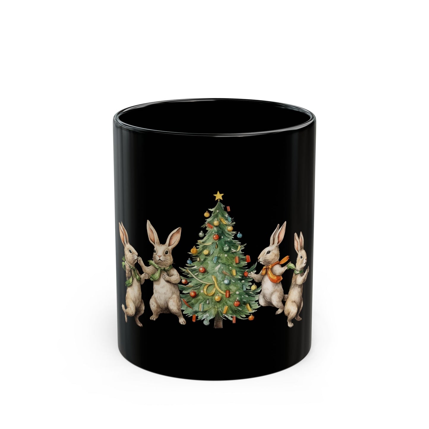 Taza negra de 11 oz con diseño de conejos y árbol de Navidad
