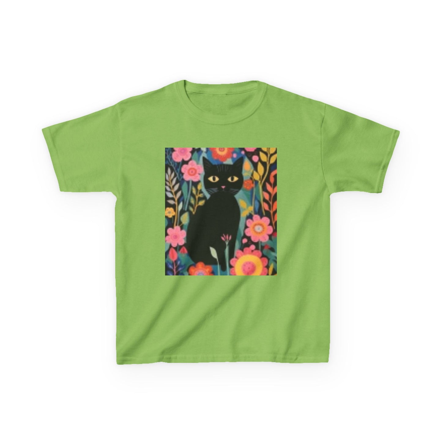 Black Cat Floral Kids Heavy Cotton Tee - Fun & Colorful Design