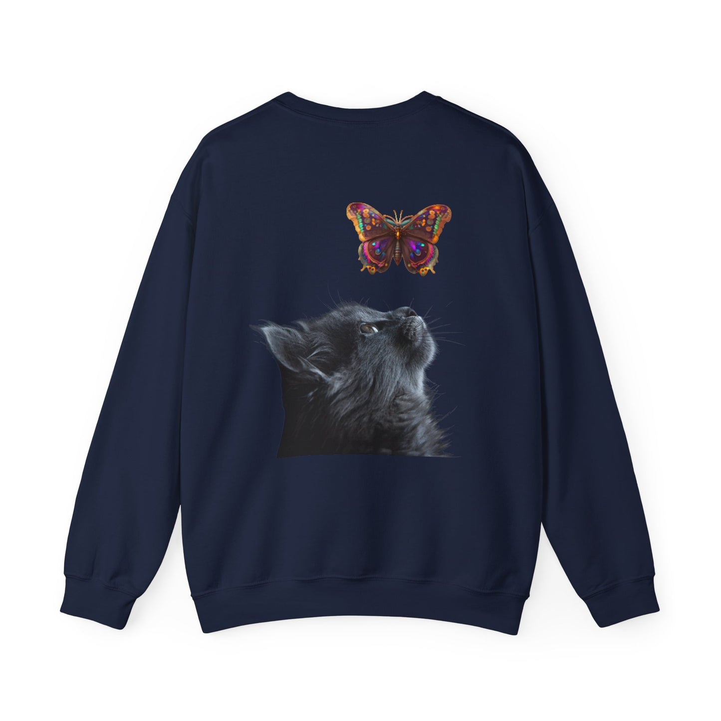 Sudadera unisex de cuello redondo con diseño de gato y mariposa: un regalo acogedor y artístico para los amantes de los gatos.