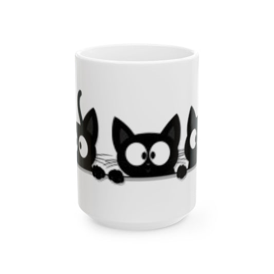 Three Black Cats with Large Eyes Ceramic Mug, (11oz, 15oz)