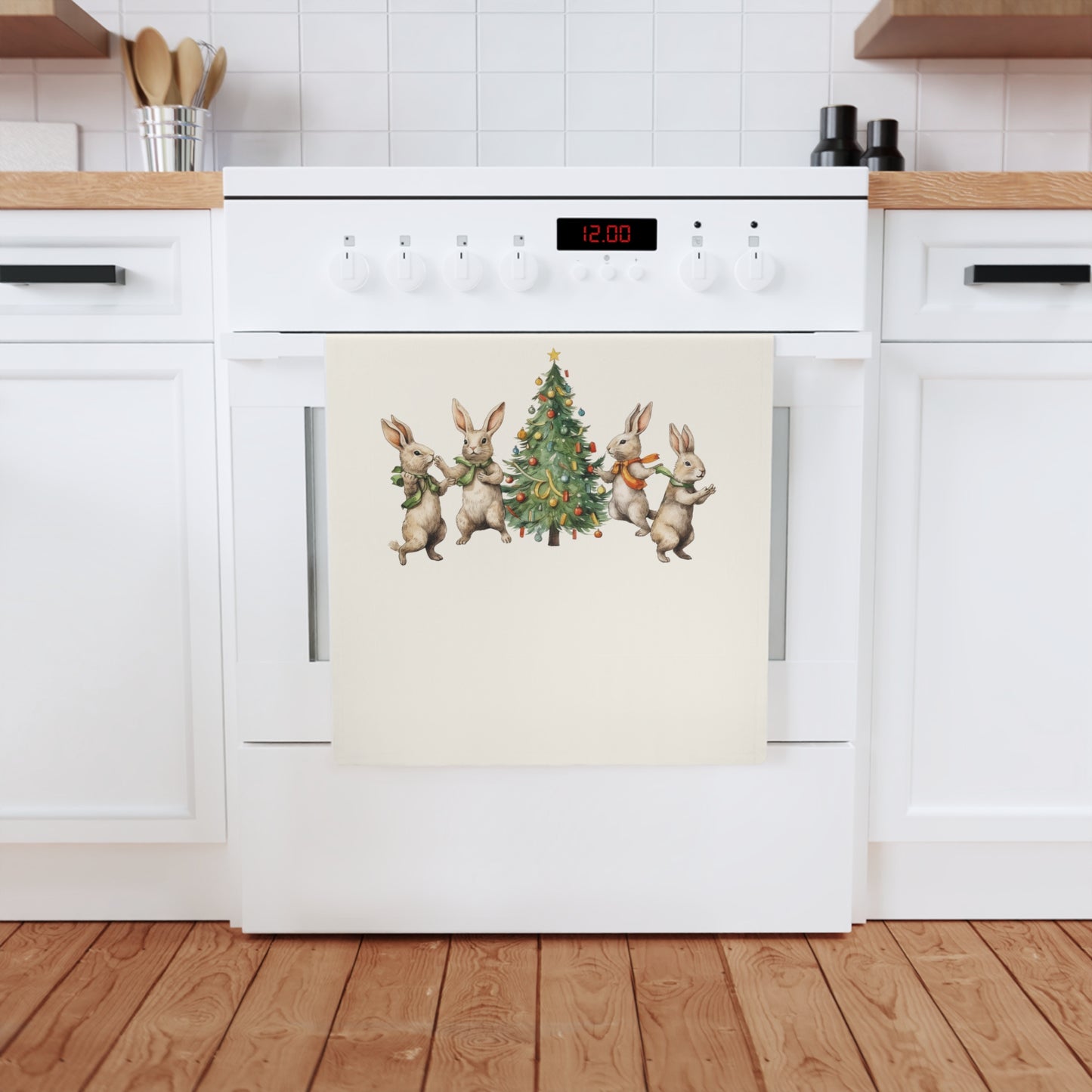 Paño de cocina de algodón Cuatro conejos Árbol de Navidad 🎄
