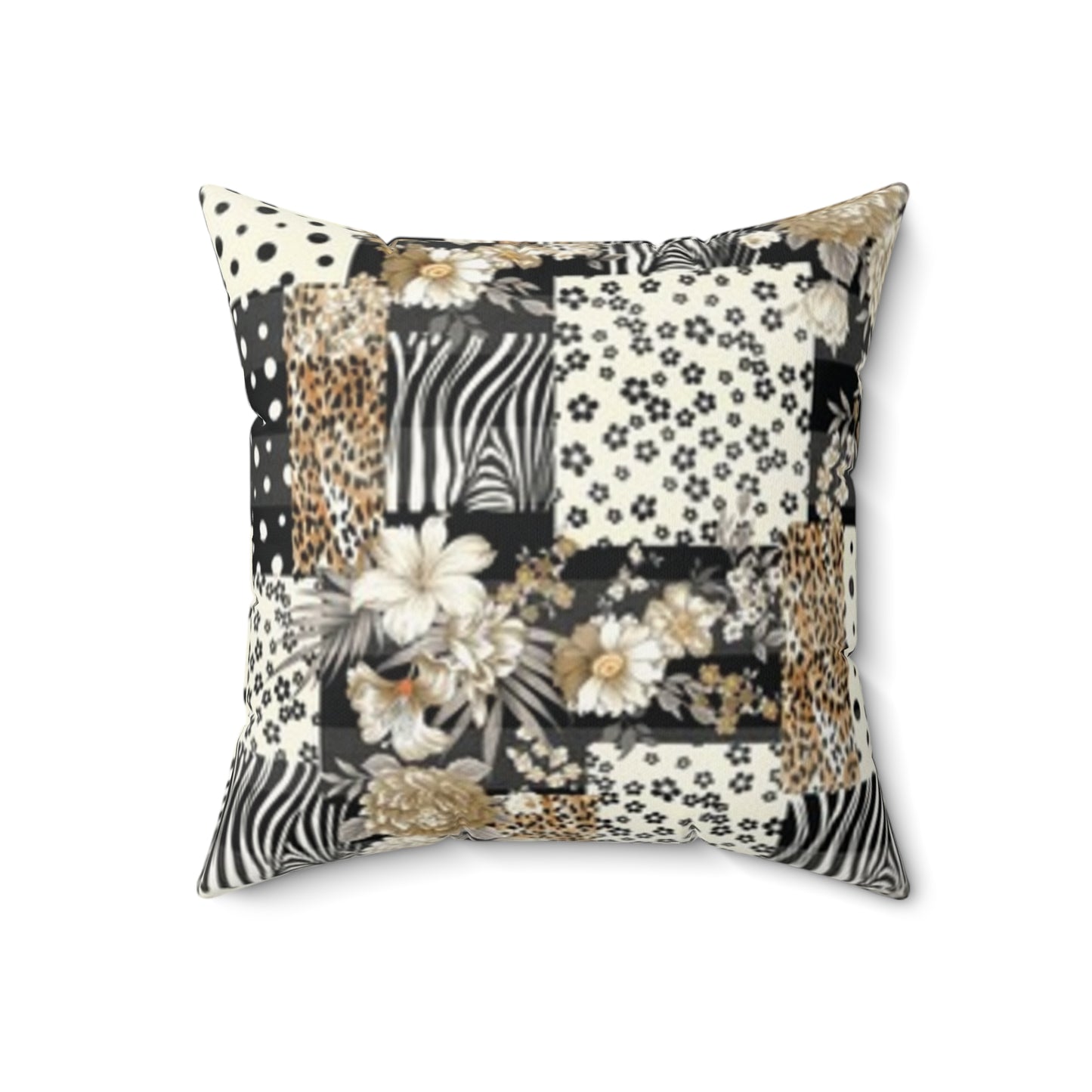 Coussin carré en imitation daim style bohème chic - Imprimé floral et animal