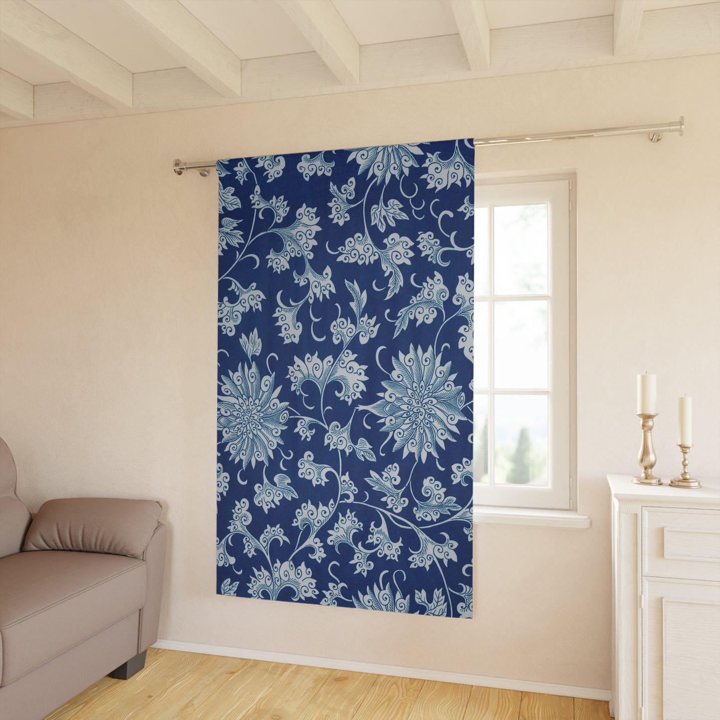 Window Curtains 50"x 84" (1 Piece) Blue Flowers Antique Design