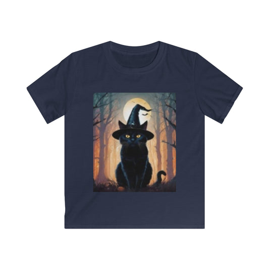 Black Cat wearing Witches Hat at Sunset Kids T-shirt Halloween