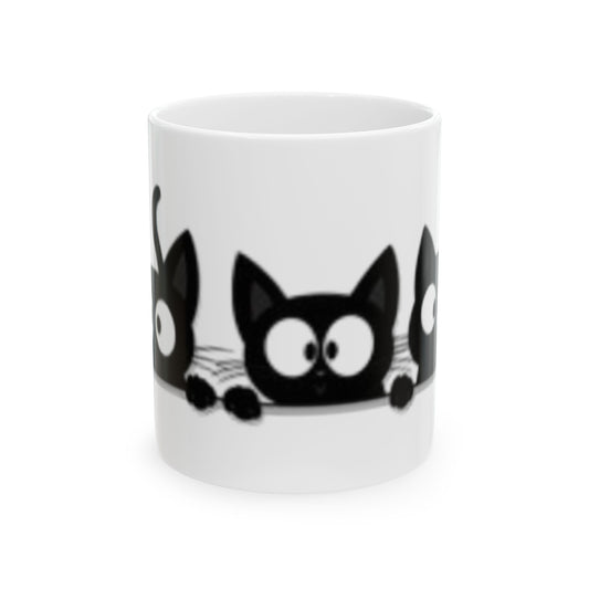 Three Black Cats with Large Eyes Ceramic Mug, (11oz, 15oz)