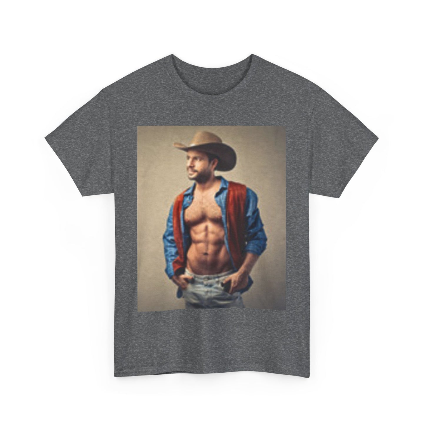 Camiseta unisex de algodón grueso con diseño de vaquero guapo y pecho musculoso 