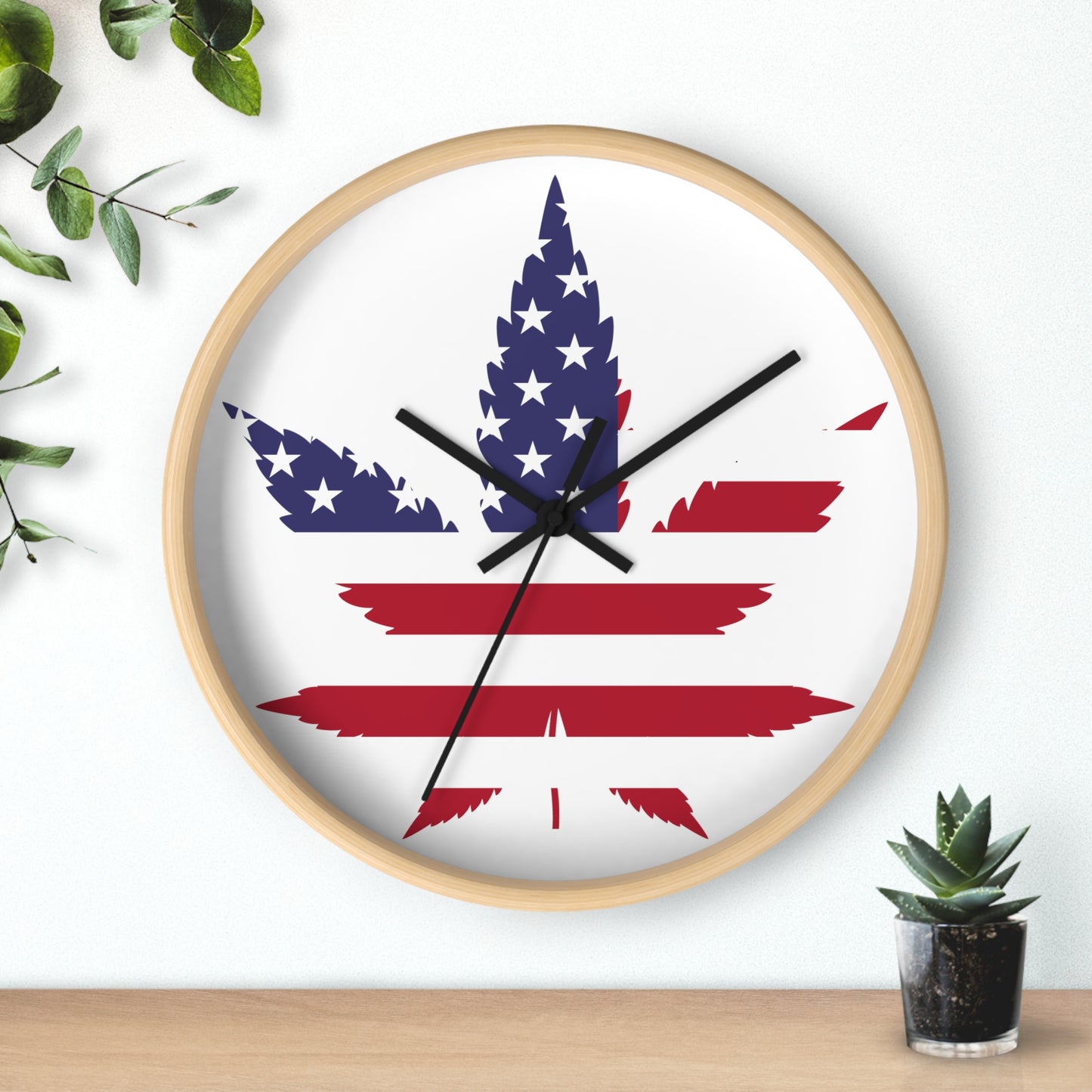 Wall clock Red White Blue Marijuana Leaf