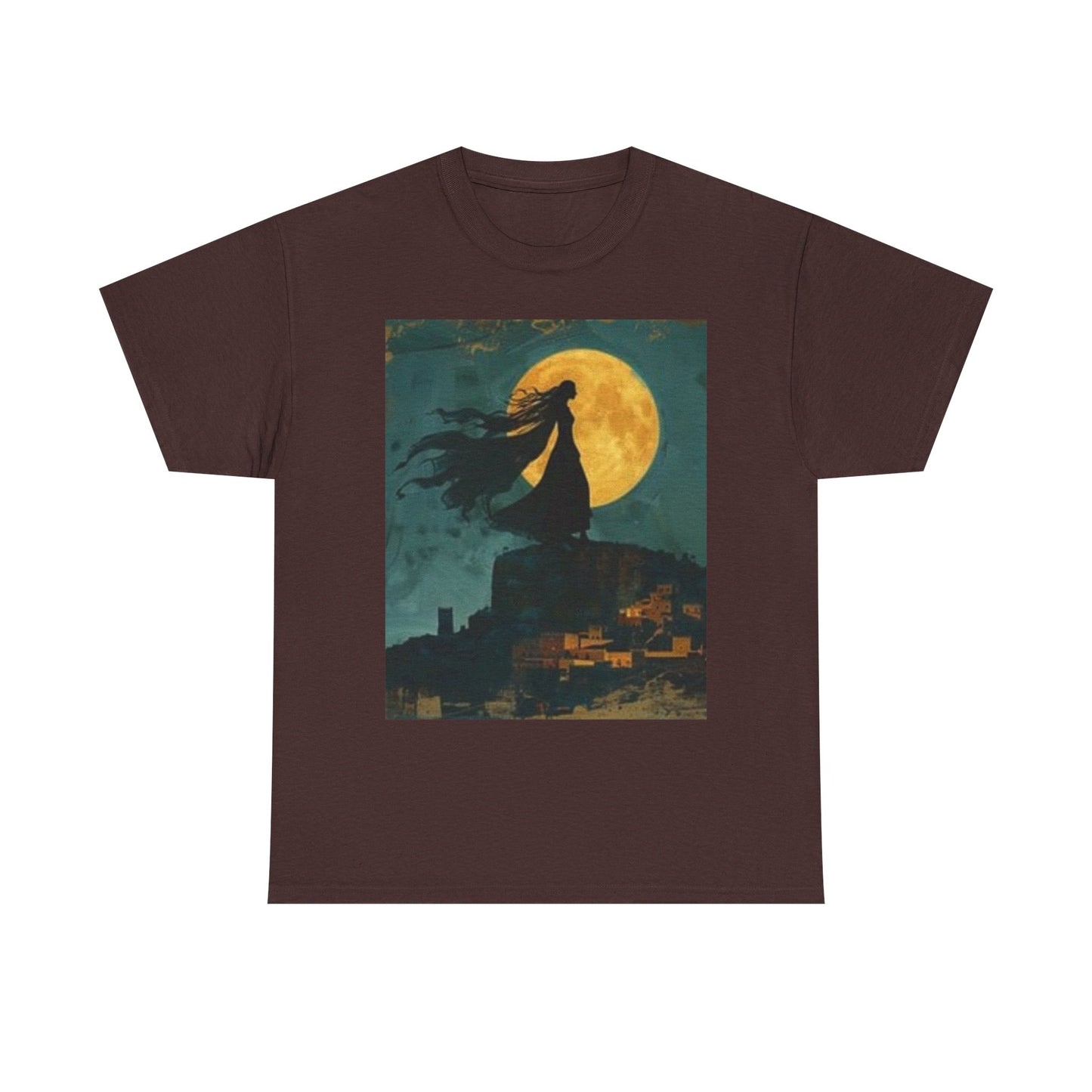 Camiseta unisex de algodón grueso con diseño de Luna Mística y Pájaro - Diseño Noche Encantada 