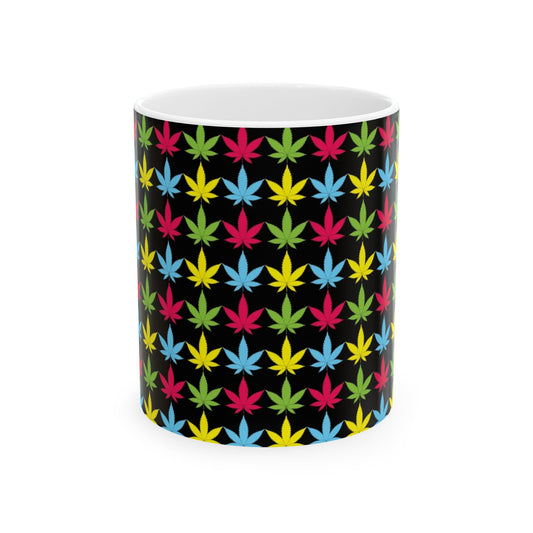 Ceramic Mug, 11 oz Marijuana Leaf Pink Green Blue Yellow