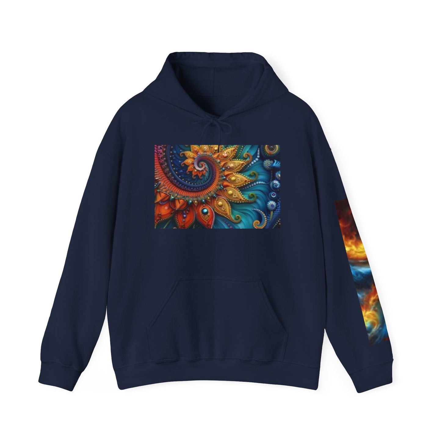 Sudadera con capucha vibrante con temática natural: patrones cósmicos y siluetas de vida silvestre 