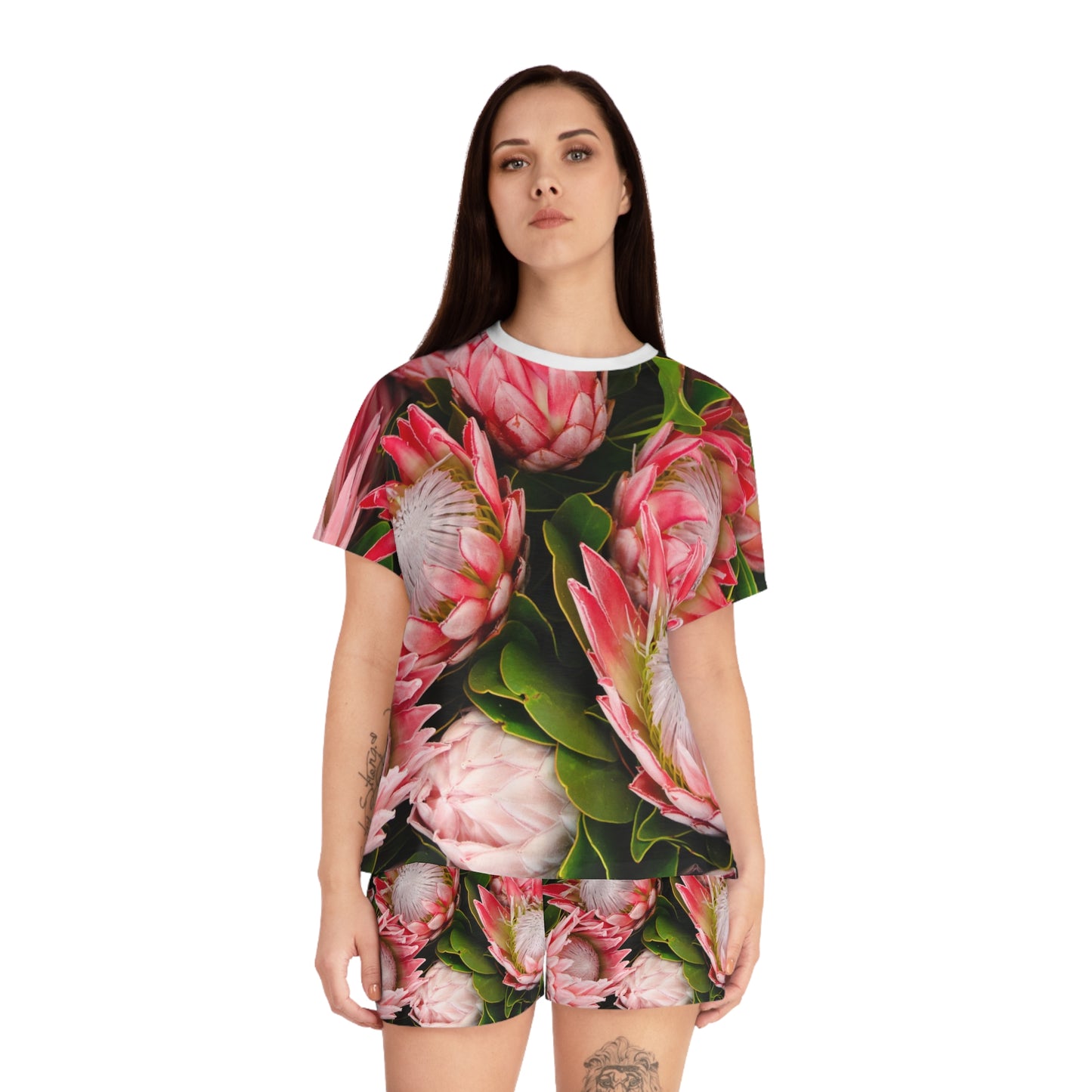 Ensemble de pyjama court pour femme à fleurs roses