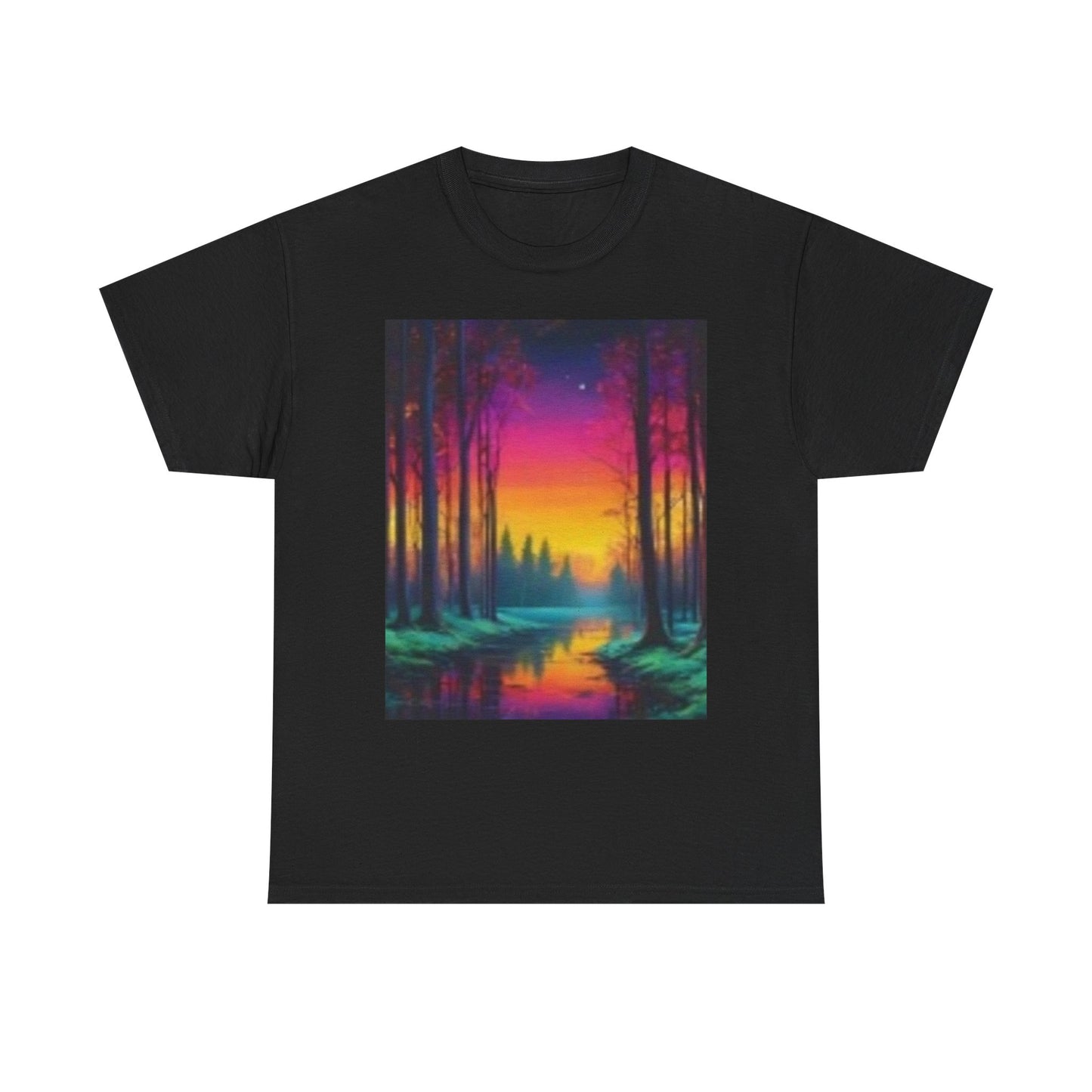 Camiseta unisex de algodón grueso con paisaje de atardecer vibrante 