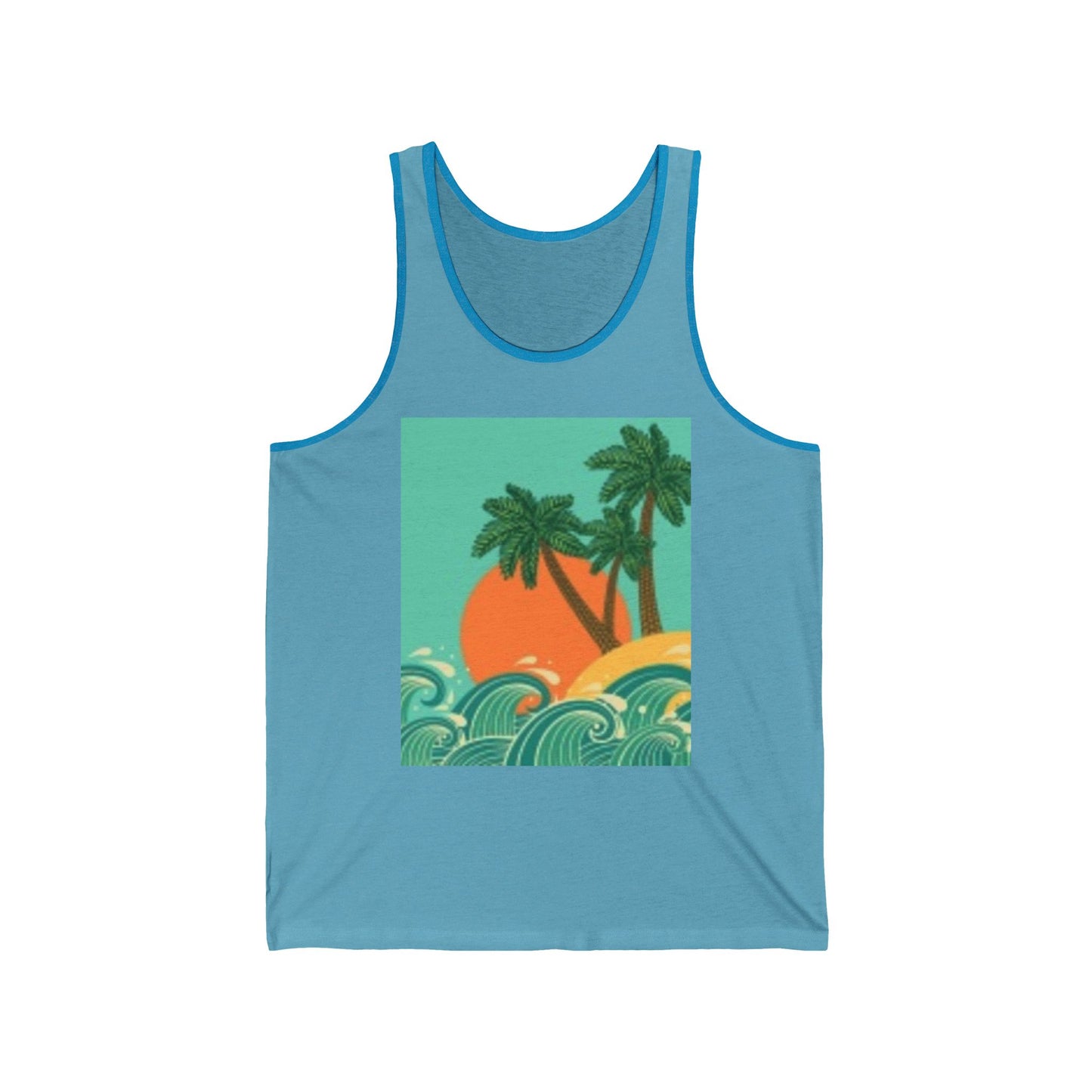 Camiseta unisex de jersey con estampado tropical al atardecer – Ropa playera de verano 
