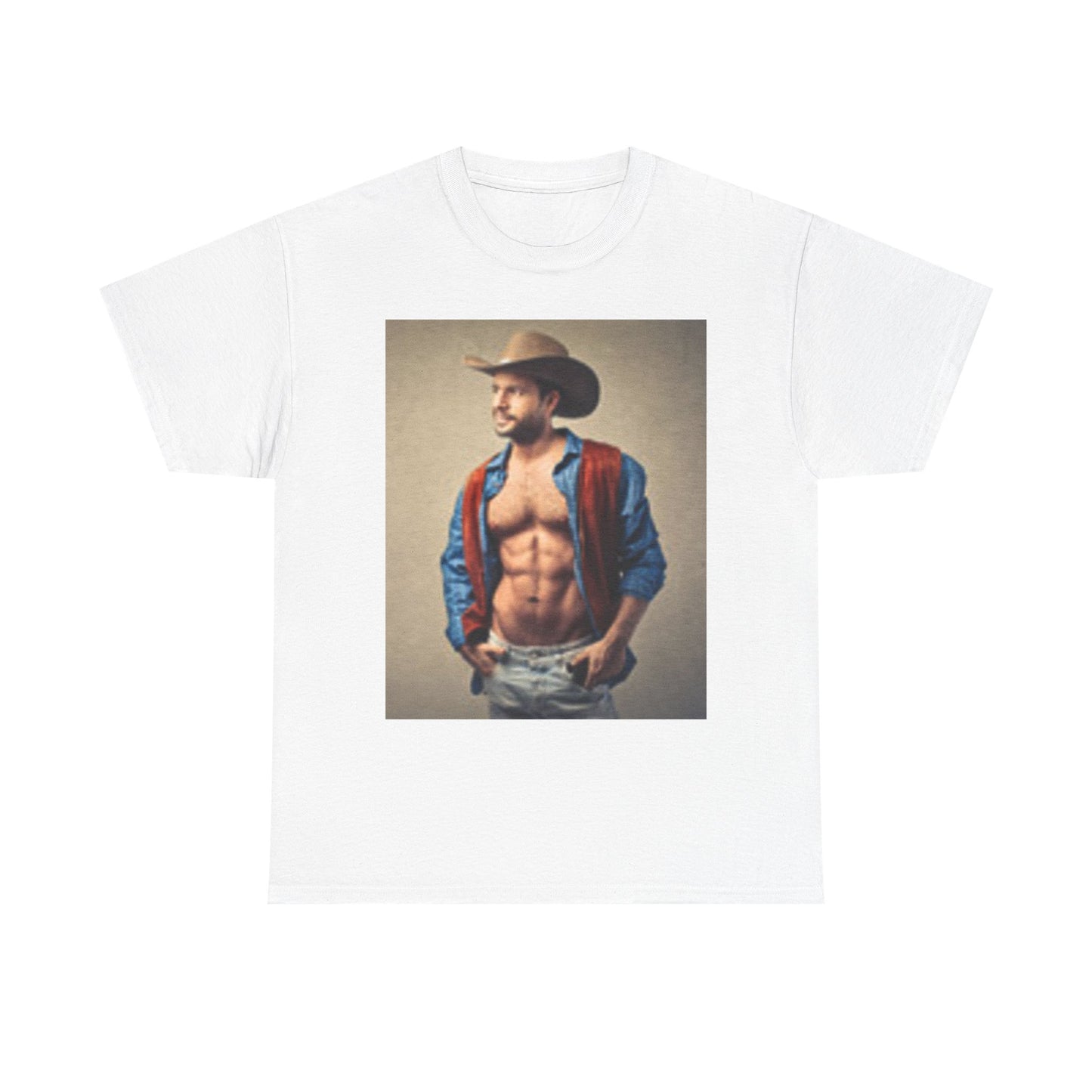 Camiseta unisex de algodón grueso con diseño de vaquero guapo y pecho musculoso 