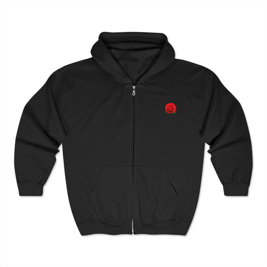 Black Zip-Up Hoodie with Rose Design - Stylish & Comfortable