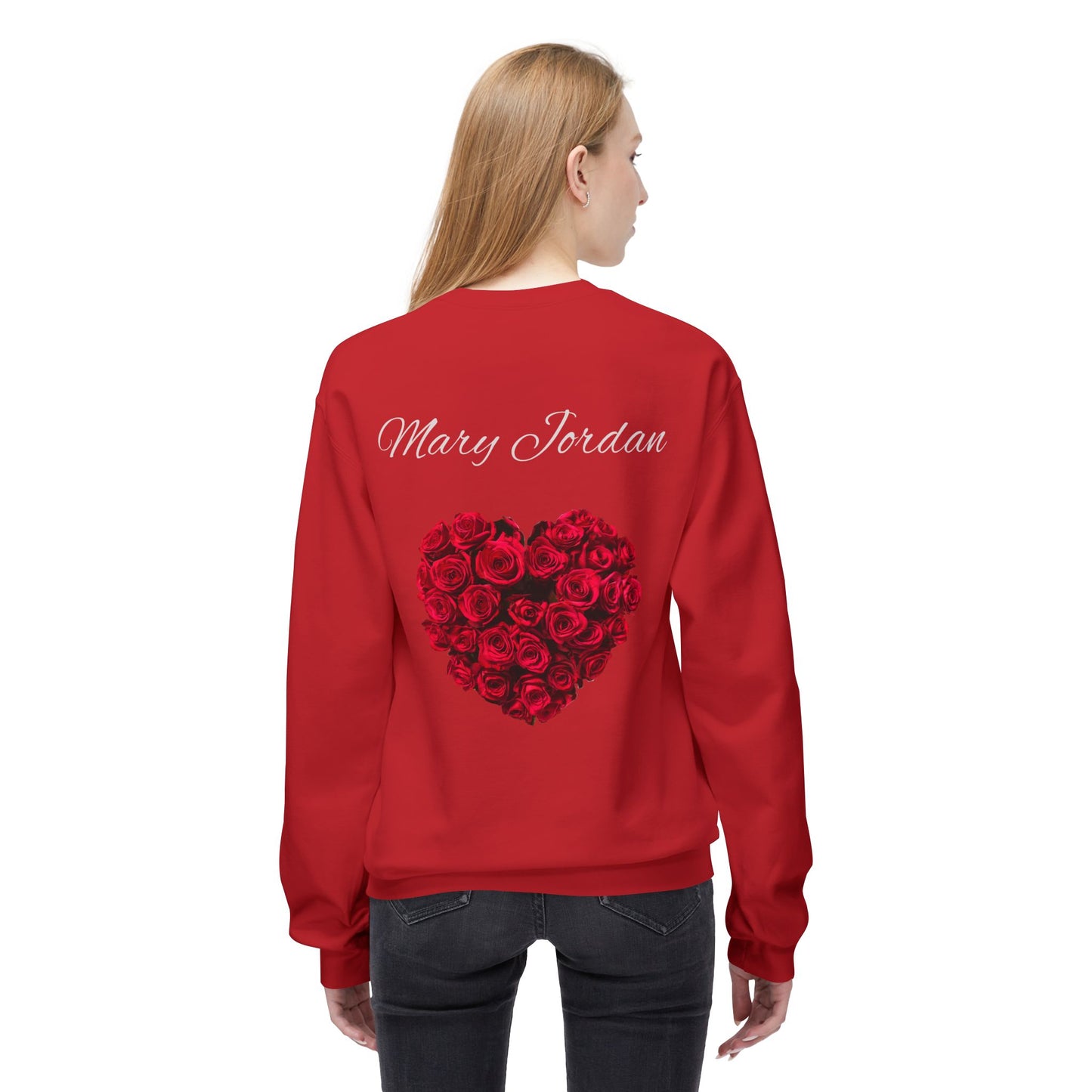 Mary Jordan with Pink Flower Heart Roses Sweatshirt | Unisex Fleece Crewneck | Perfect Gift for Birthdays, Holidays, Couples, Family, Friends