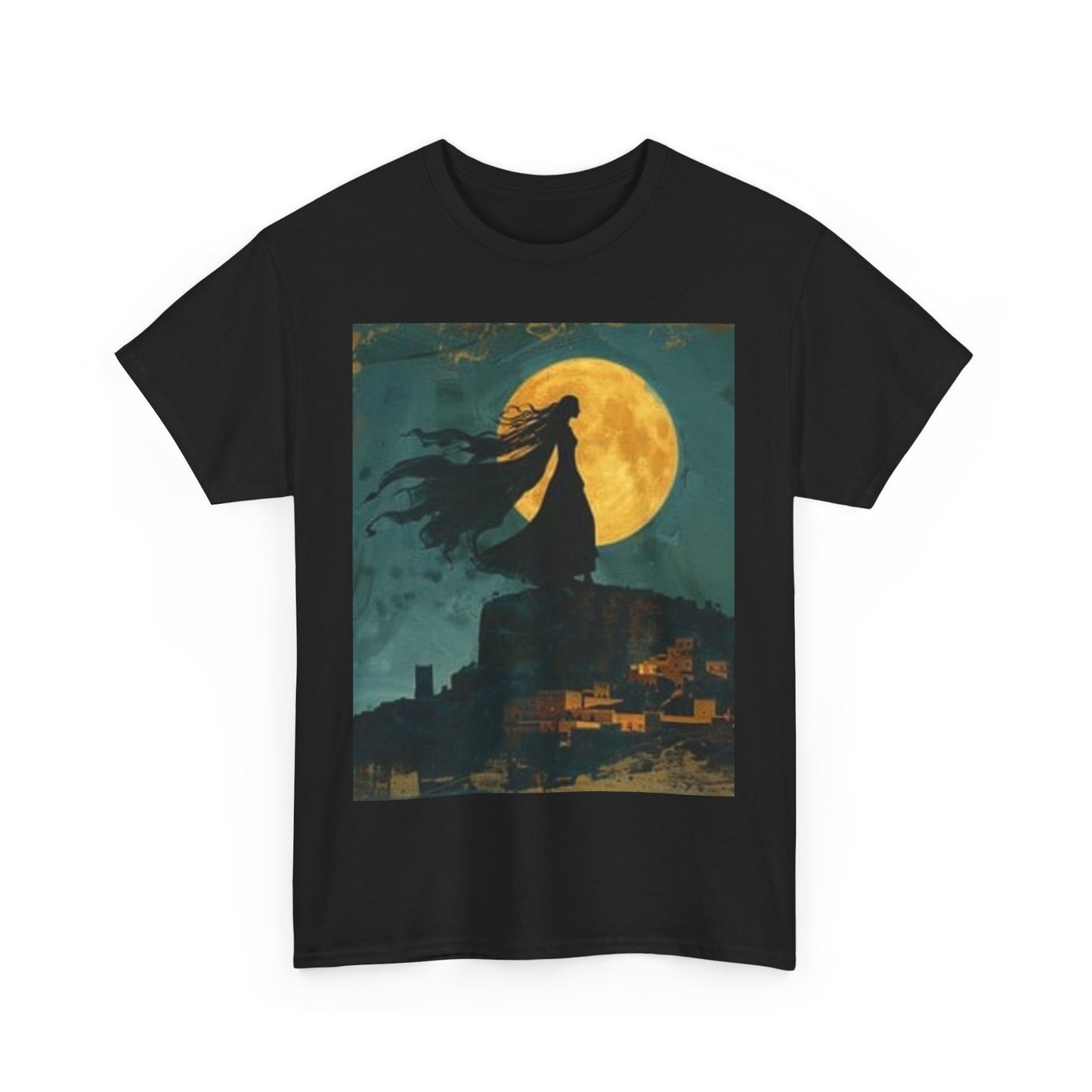 Camiseta unisex de algodón grueso con diseño de Luna Mística y Pájaro - Diseño Noche Encantada 