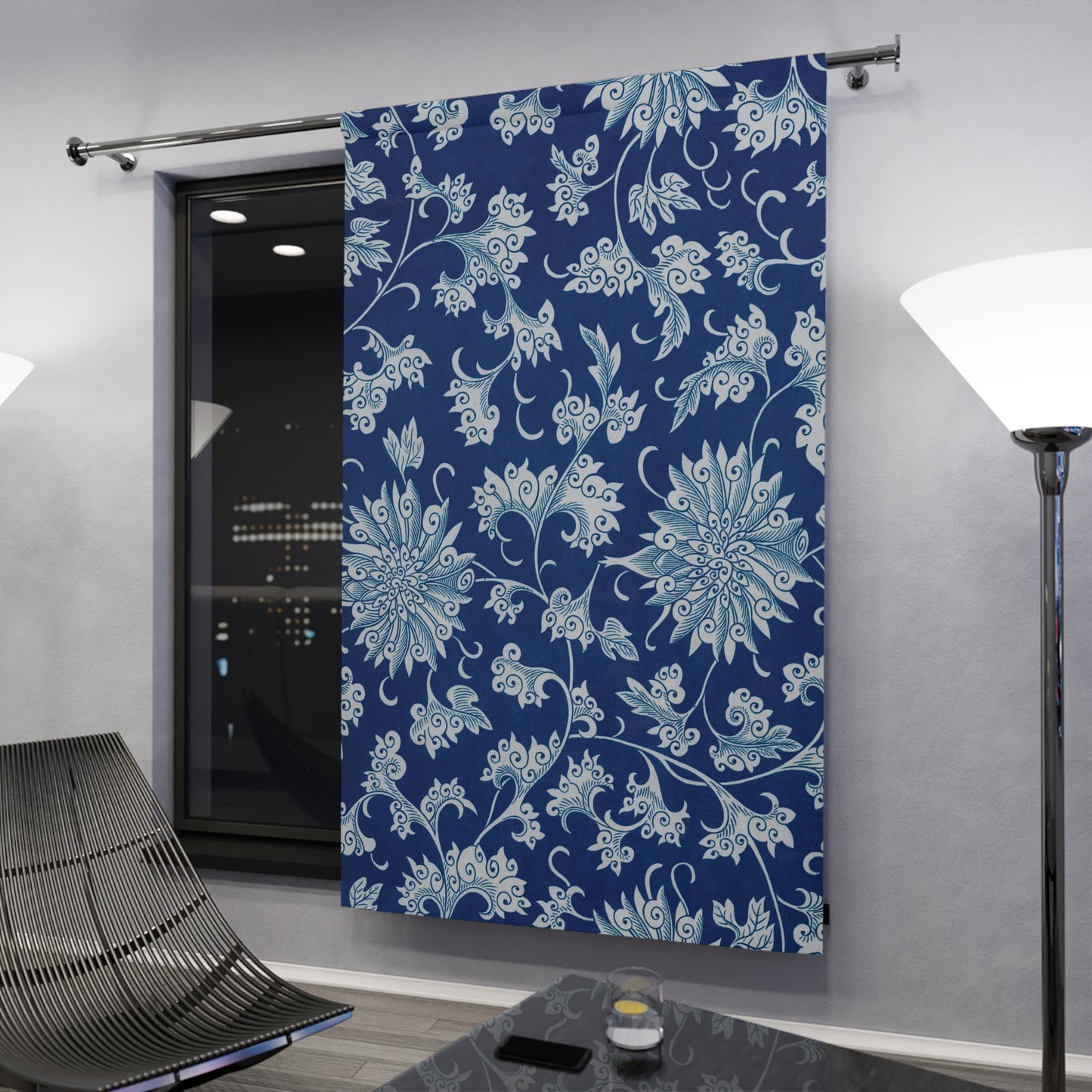 Window Curtains 50"x 84" (1 Piece) Blue Flowers Antique Design