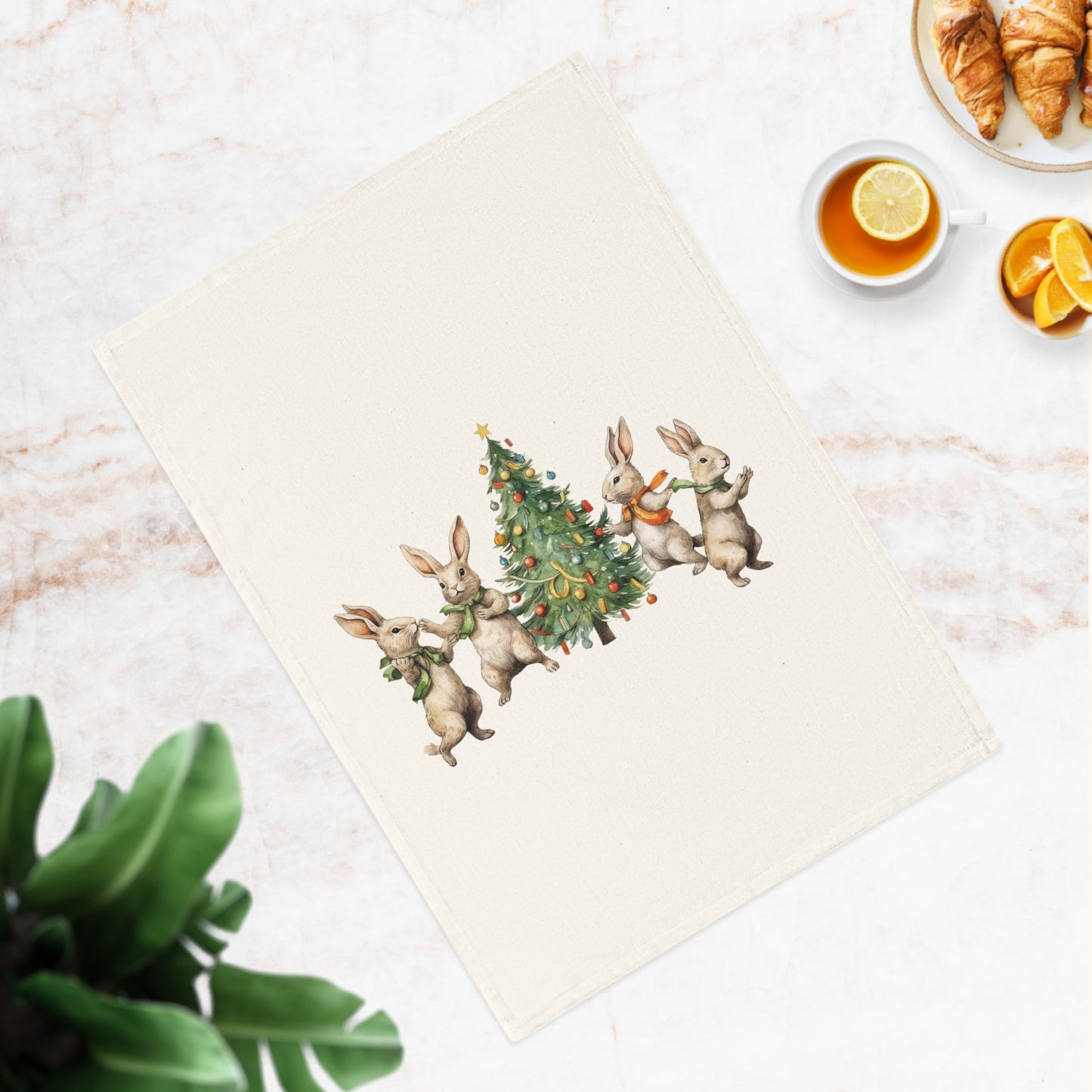 Paño de cocina de algodón Cuatro conejos Árbol de Navidad 🎄