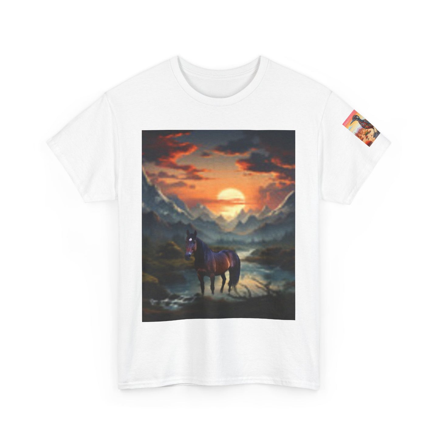 Majestic Horse Unisex Heavy Cotton Tee - Nature Sunset Design