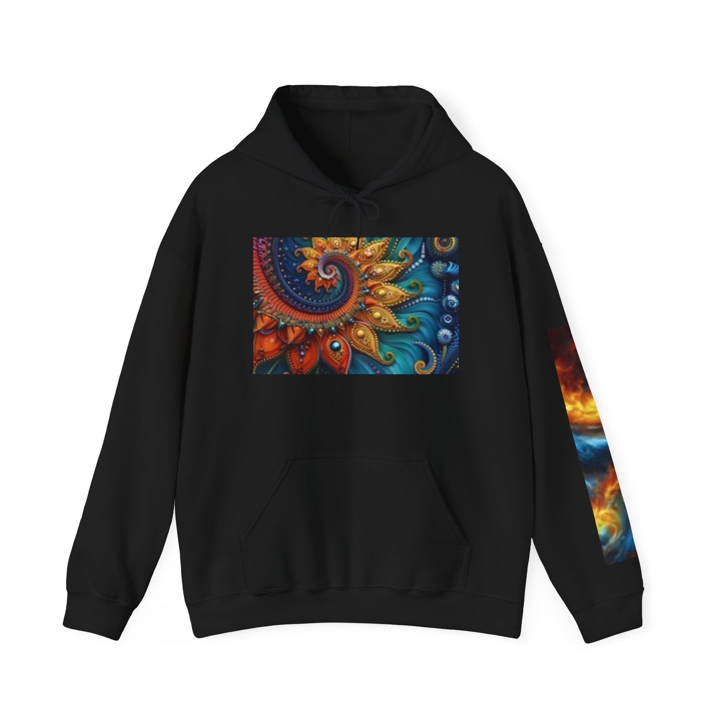 Sudadera con capucha vibrante con temática natural: patrones cósmicos y siluetas de vida silvestre 